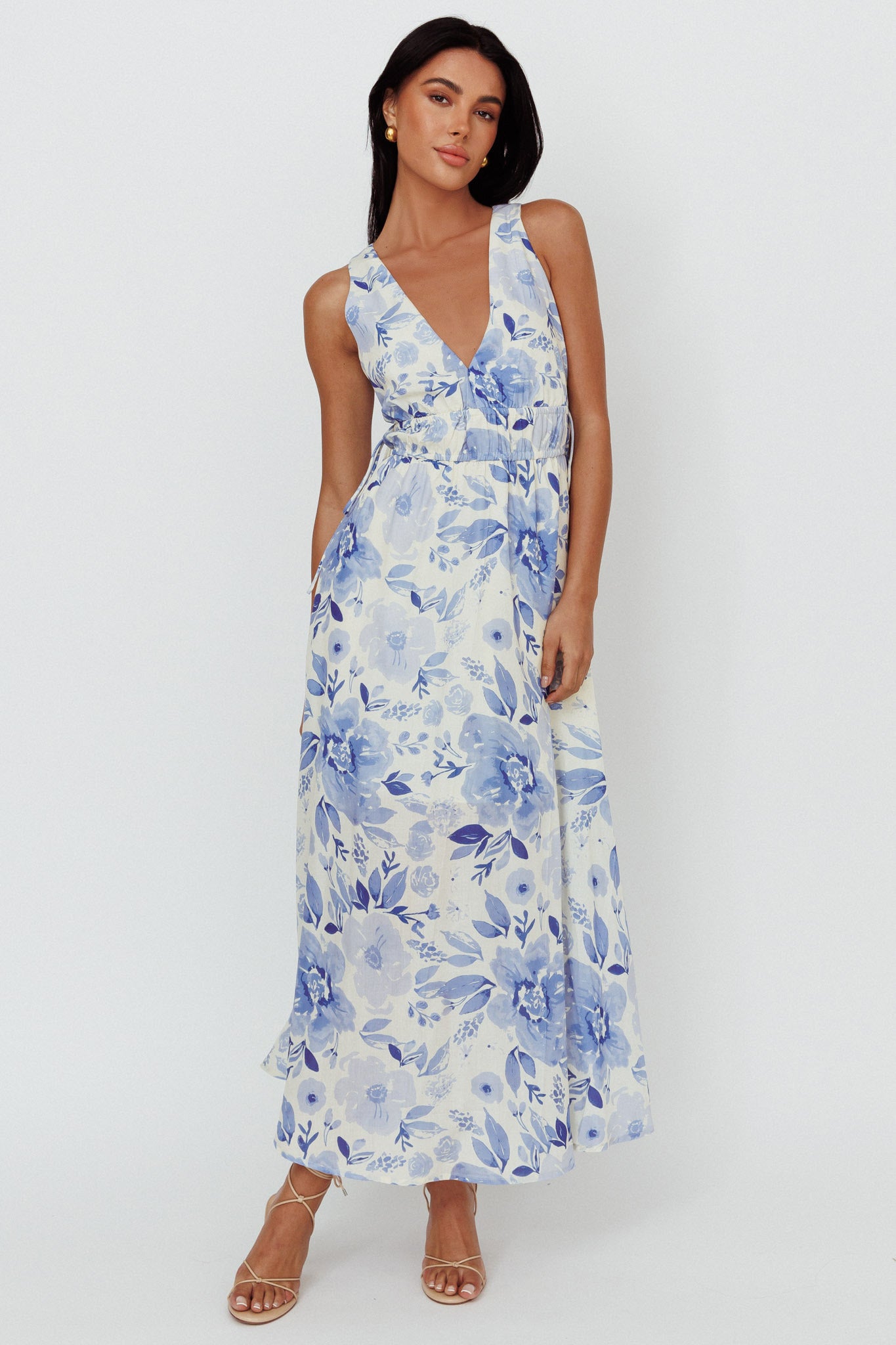 Perla V-Neck Drawstring Maxi Dress Floral Blue-Maymioy