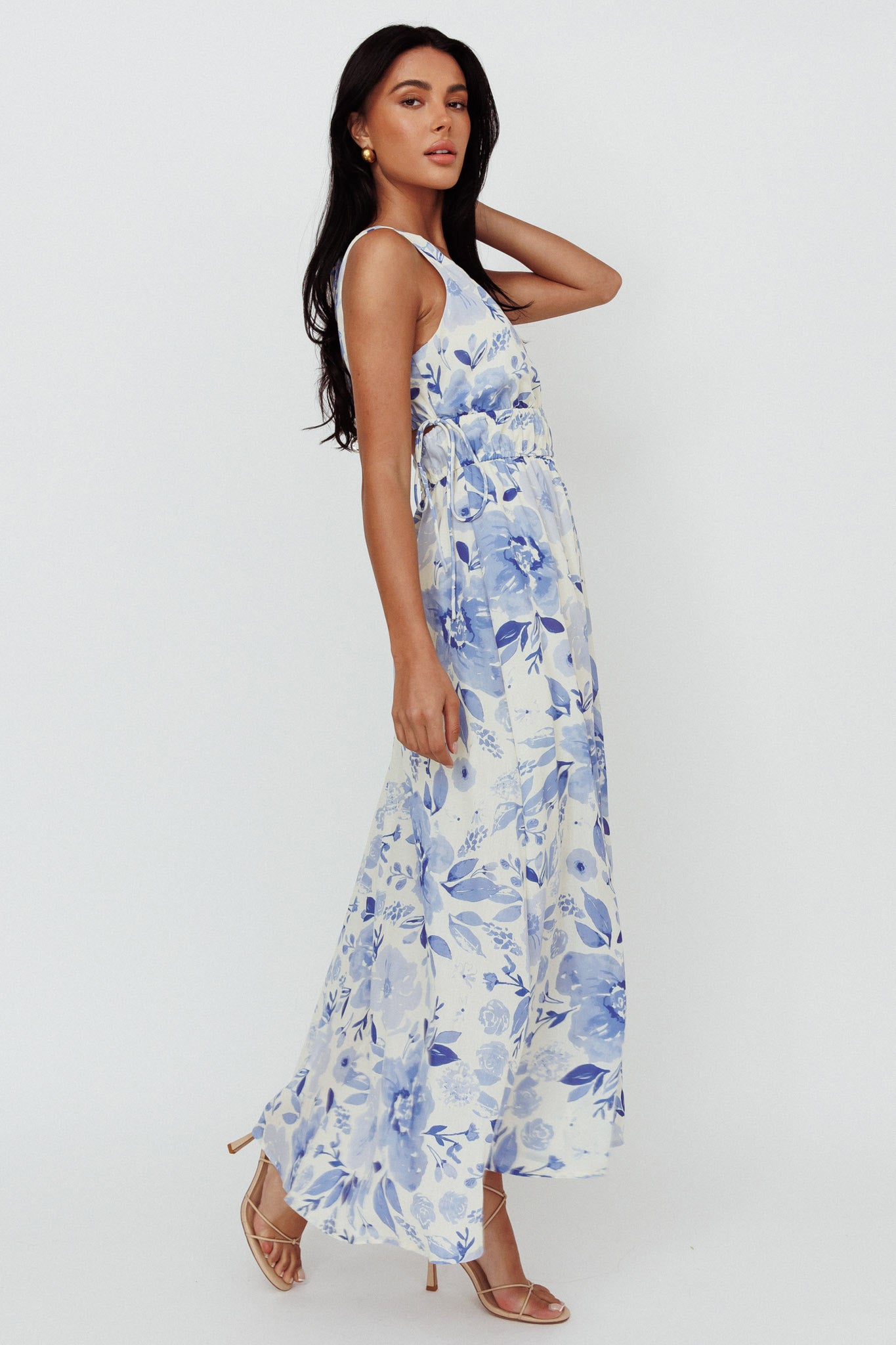 Perla V-Neck Drawstring Maxi Dress Floral Blue-Maymioy