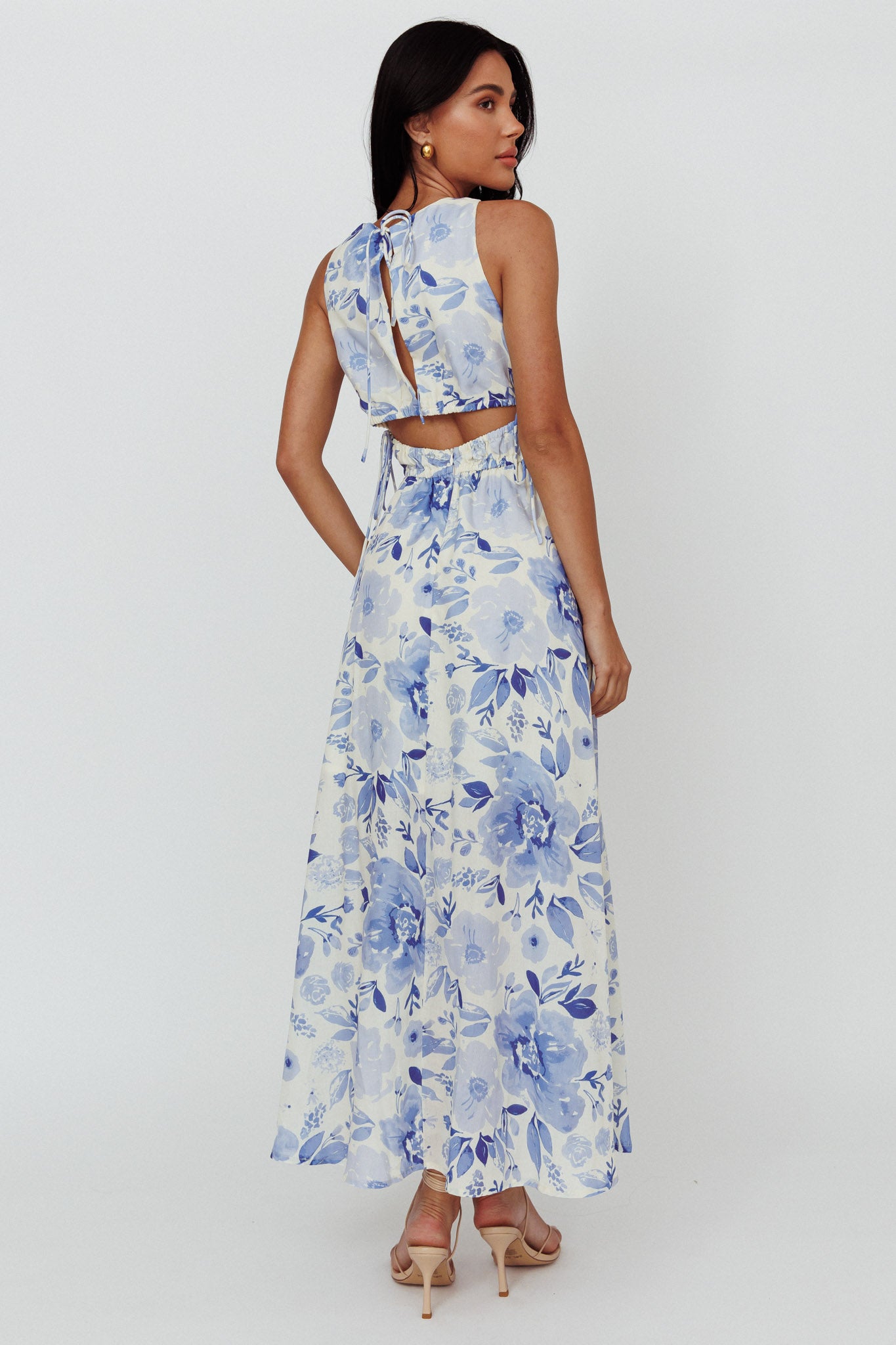 Perla V-Neck Drawstring Maxi Dress Floral Blue-Maymioy