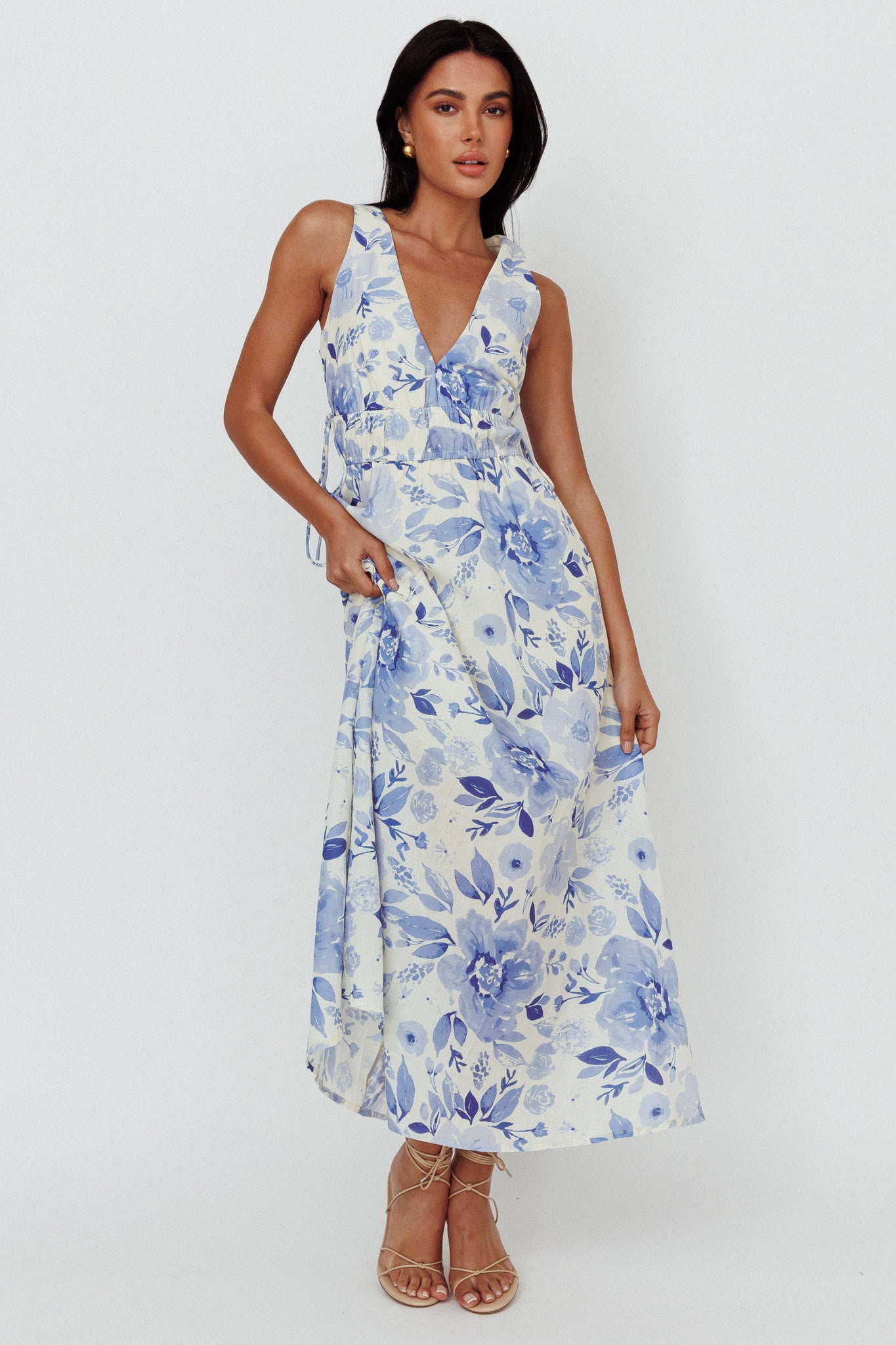 Perla V-Neck Drawstring Maxi Dress Floral Blue-Maymioy
