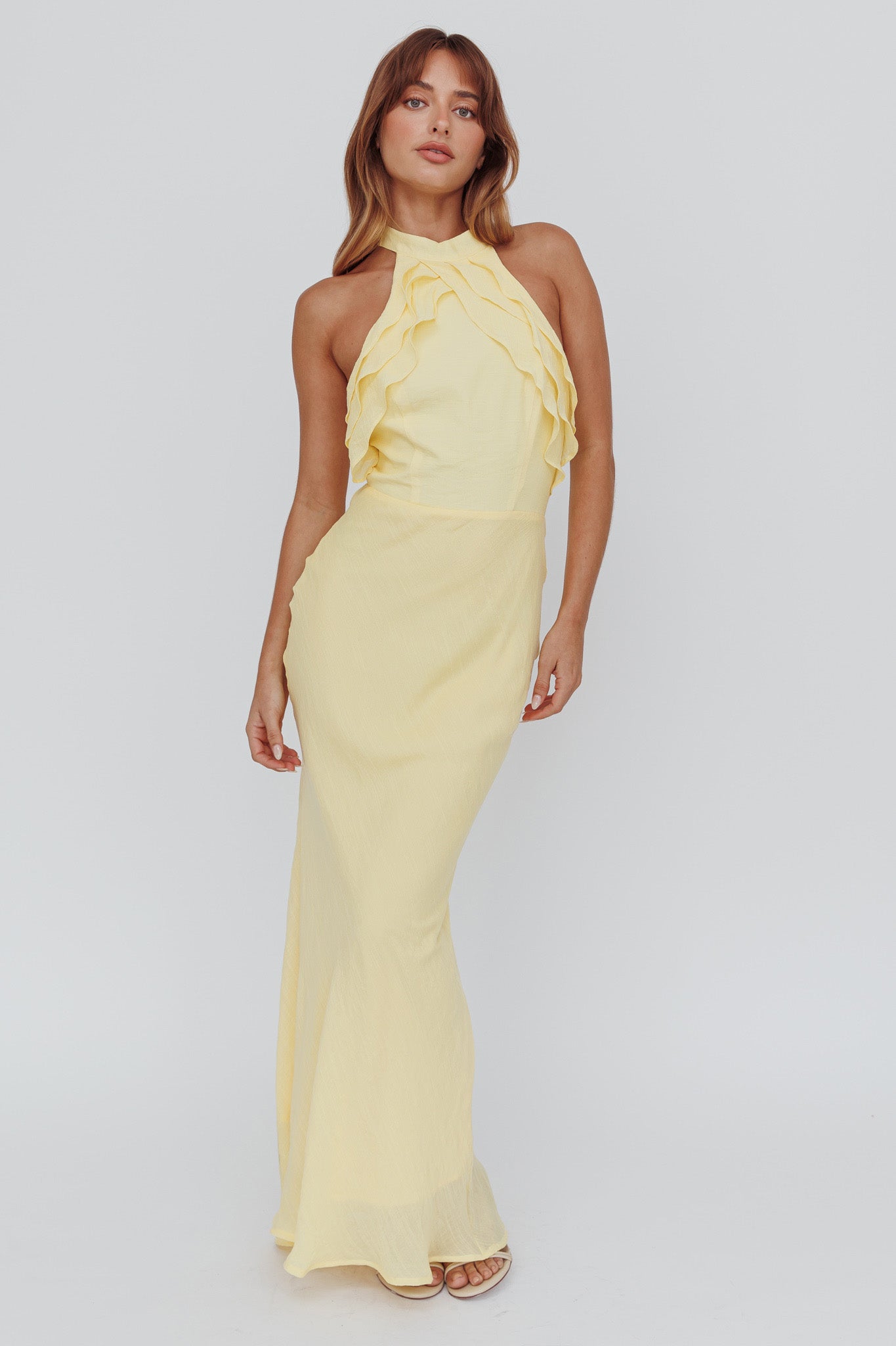 Topaz Skies Halterneck Ruffle Dress Banana-Maymioy