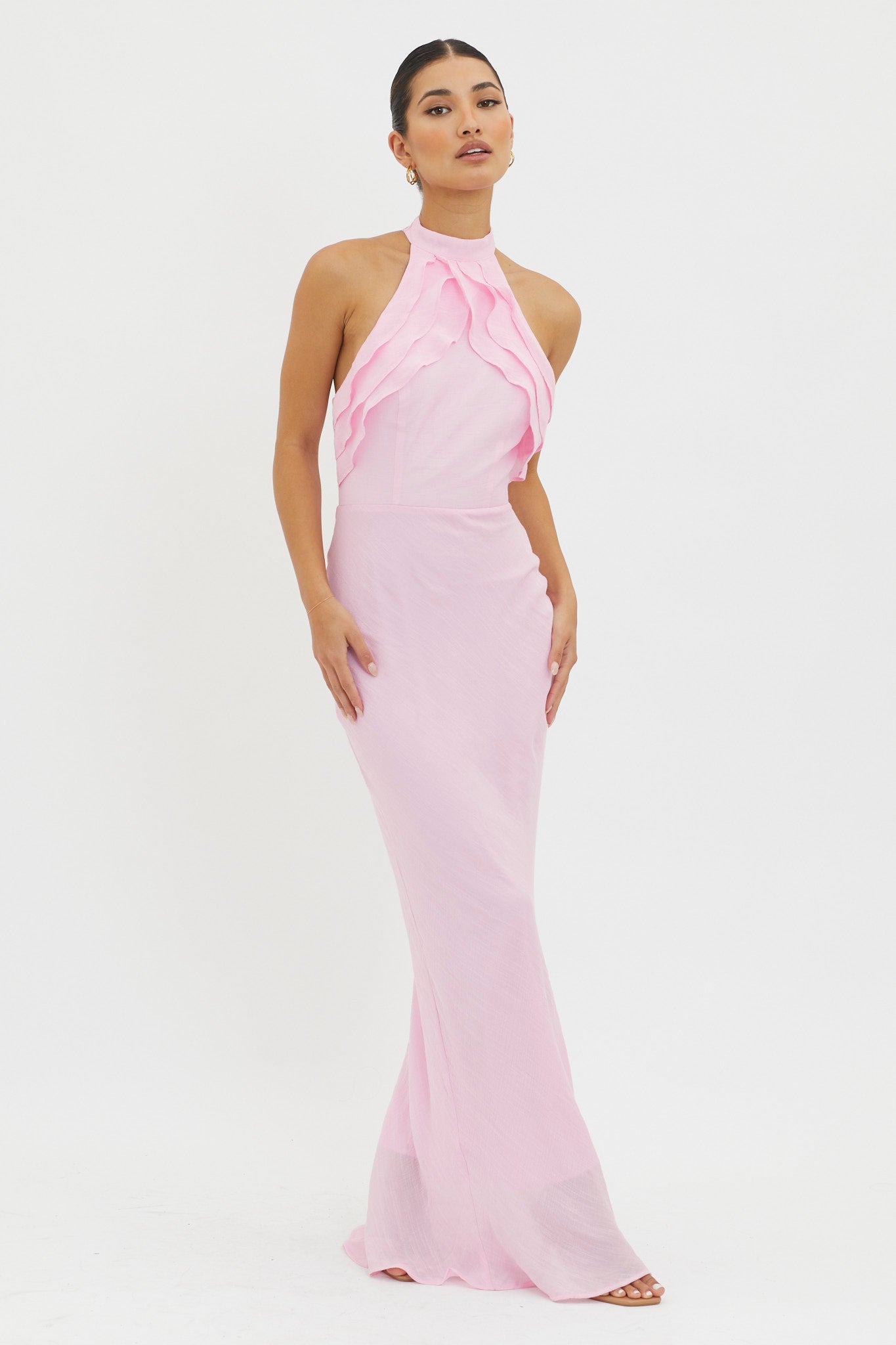 Topaz Skies Halterneck Ruffle Dress Pink-Maymioy