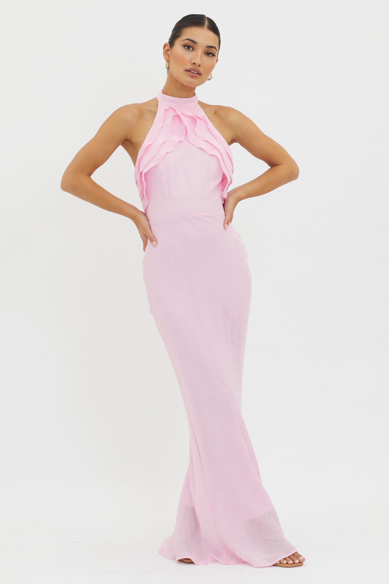 Topaz Skies Halterneck Ruffle Dress Pink-Maymioy