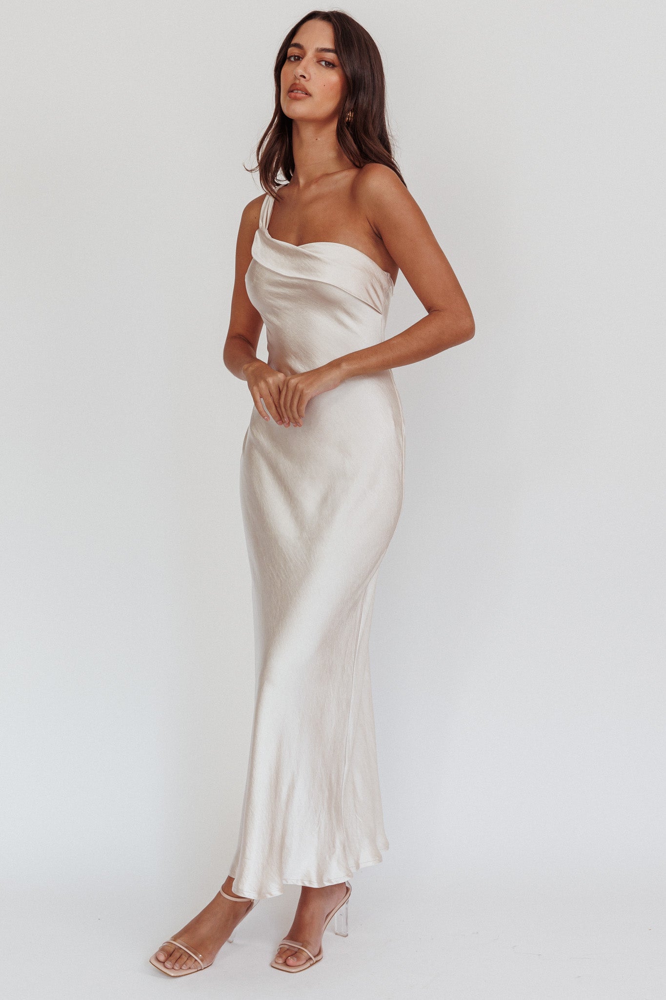 Carmel One-Shoulder Sash Maxi Dress Champagne-Maymioy