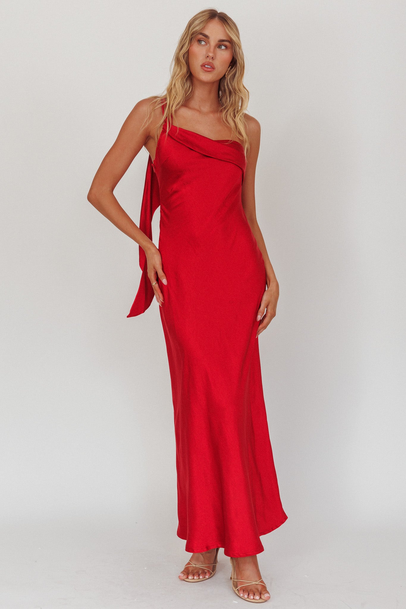 Carmel One-Shoulder Sash Maxi Dress Cherry-Maymioy