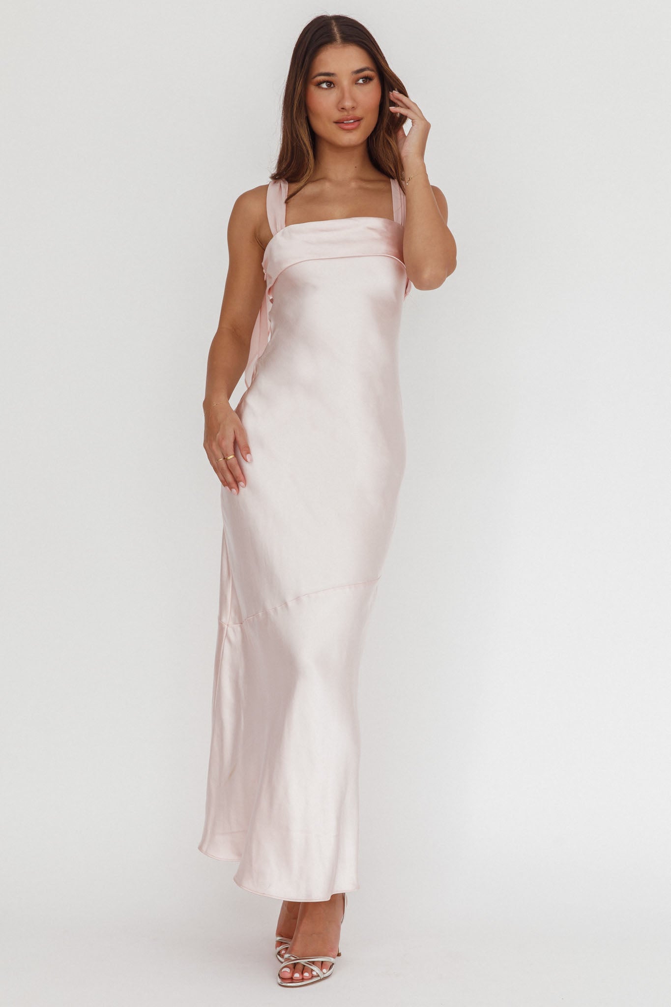 Carmel Shoulder Sash Midi Dress Blush-Maymioy