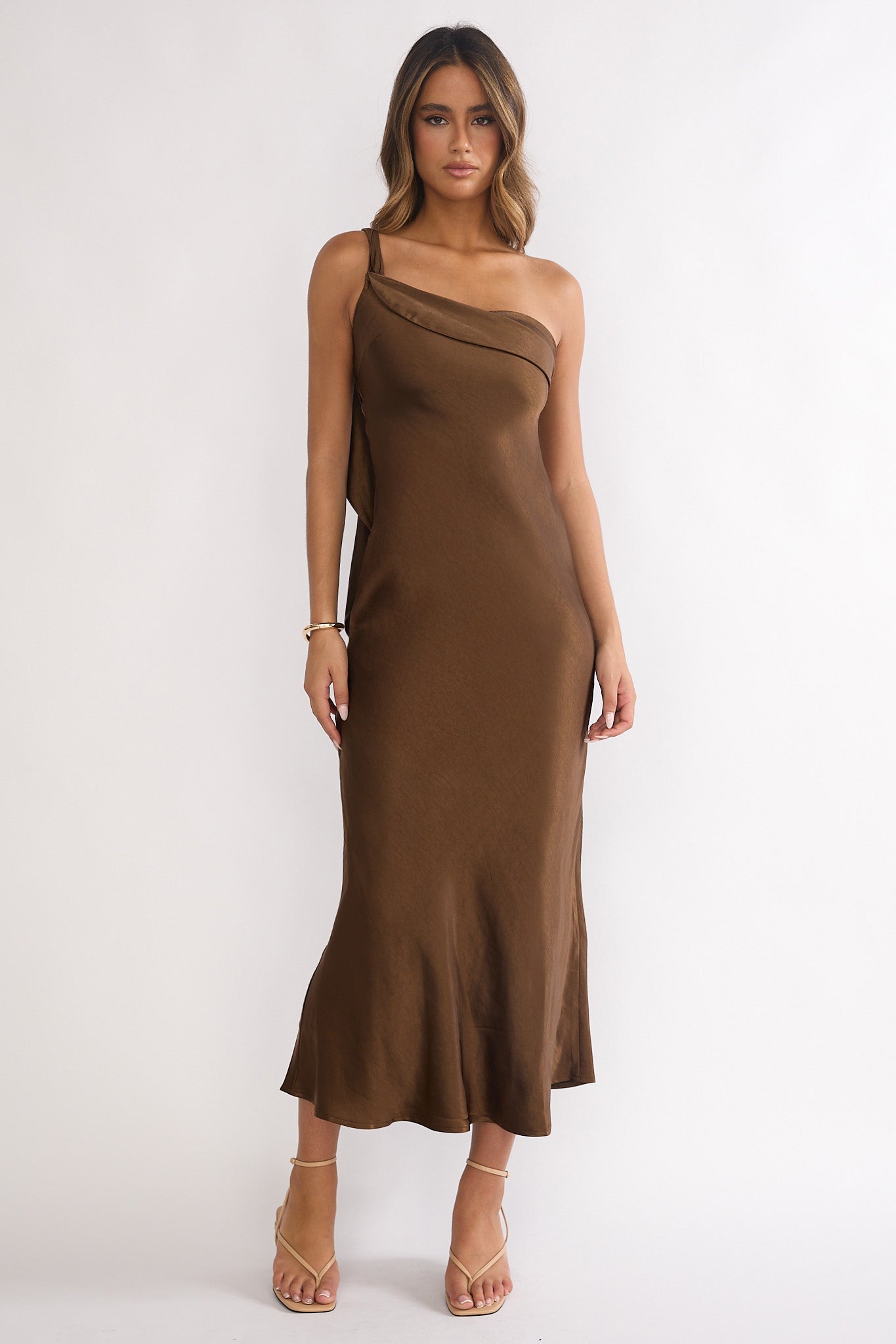 Carmel One-Shoulder Sash Maxi Dress Chocolate-Maymioy