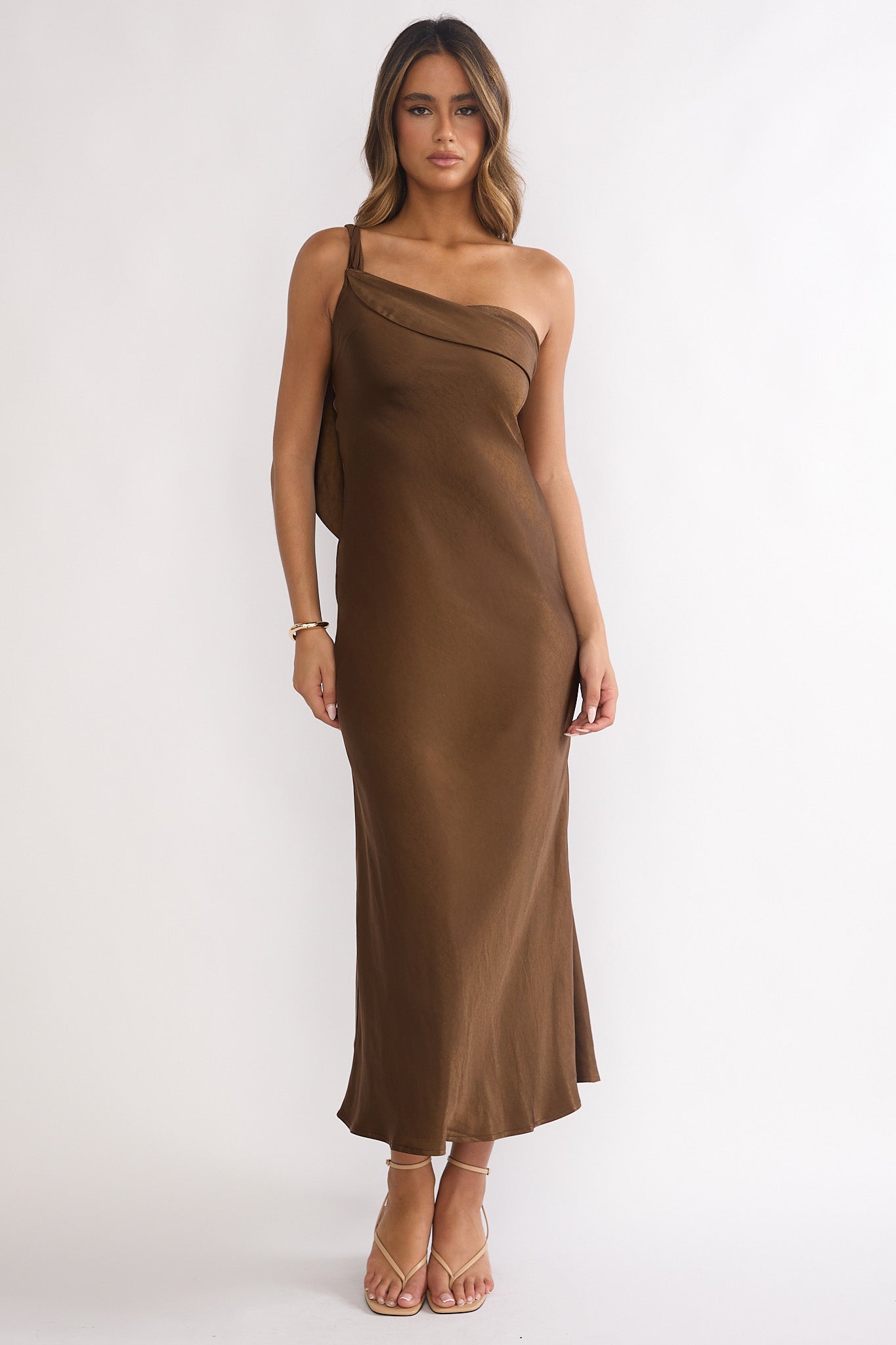 Carmel One-Shoulder Sash Maxi Dress Chocolate-Maymioy