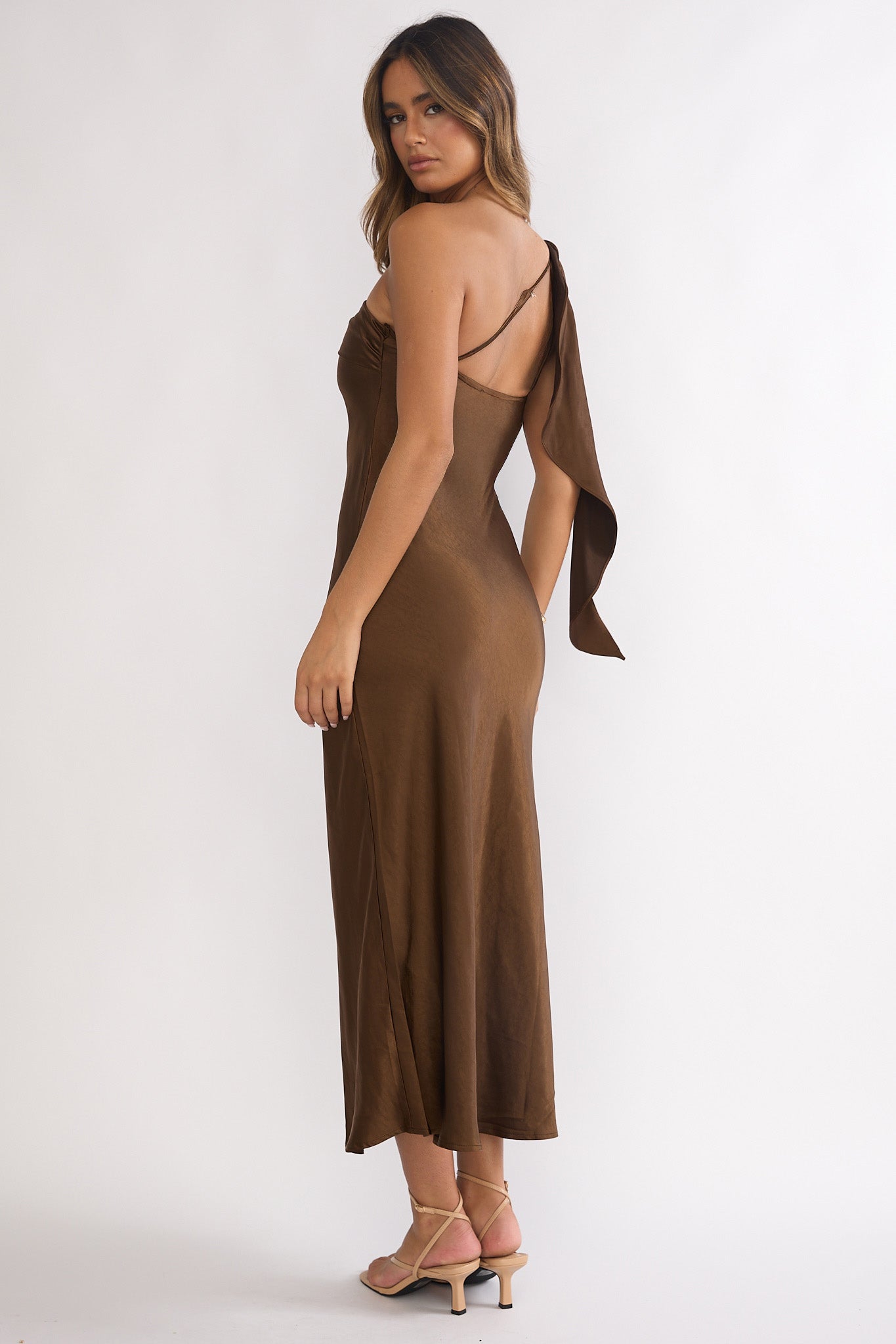 Carmel One-Shoulder Sash Maxi Dress Chocolate-Maymioy