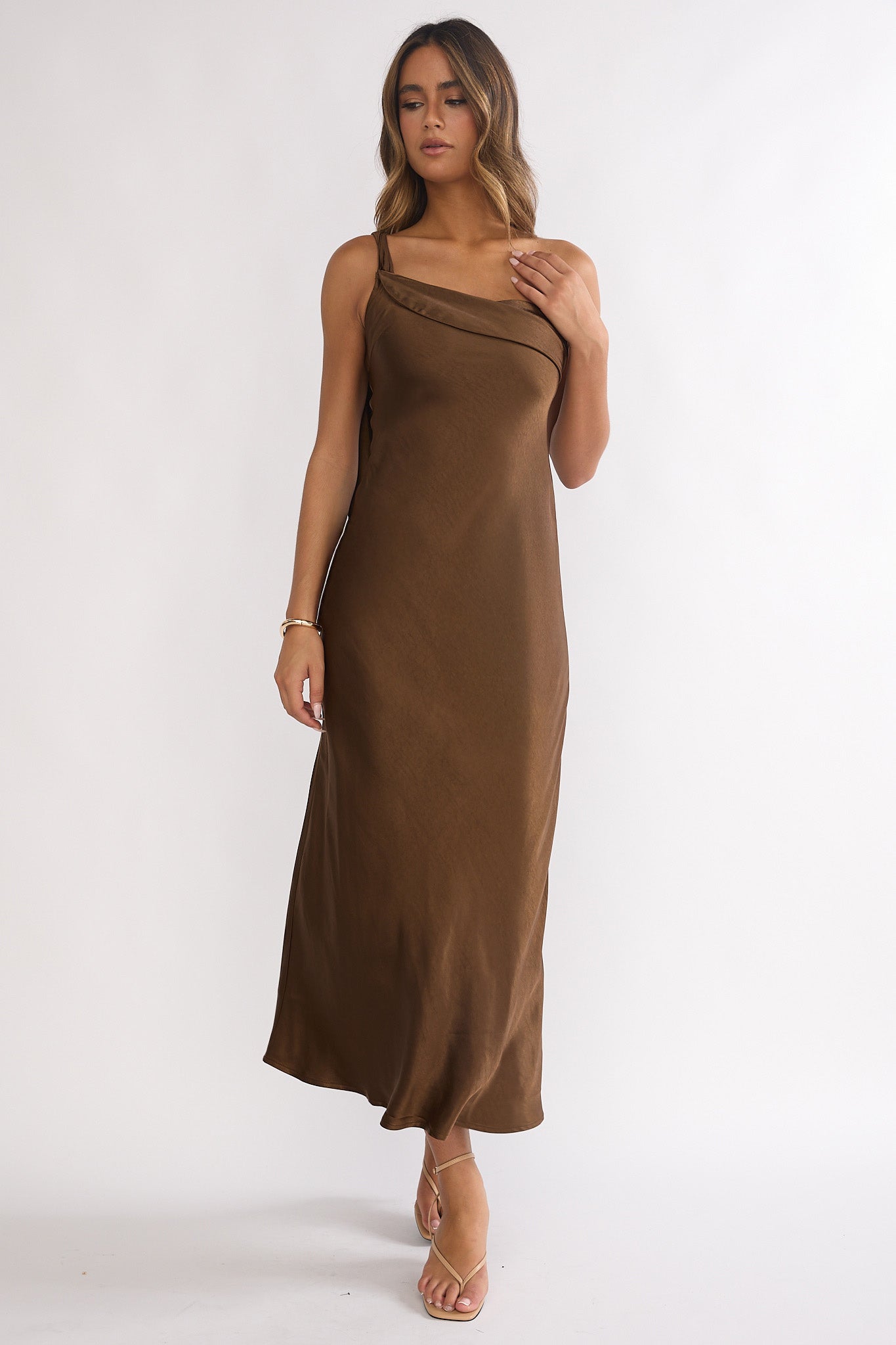 Carmel One-Shoulder Sash Maxi Dress Chocolate-Maymioy