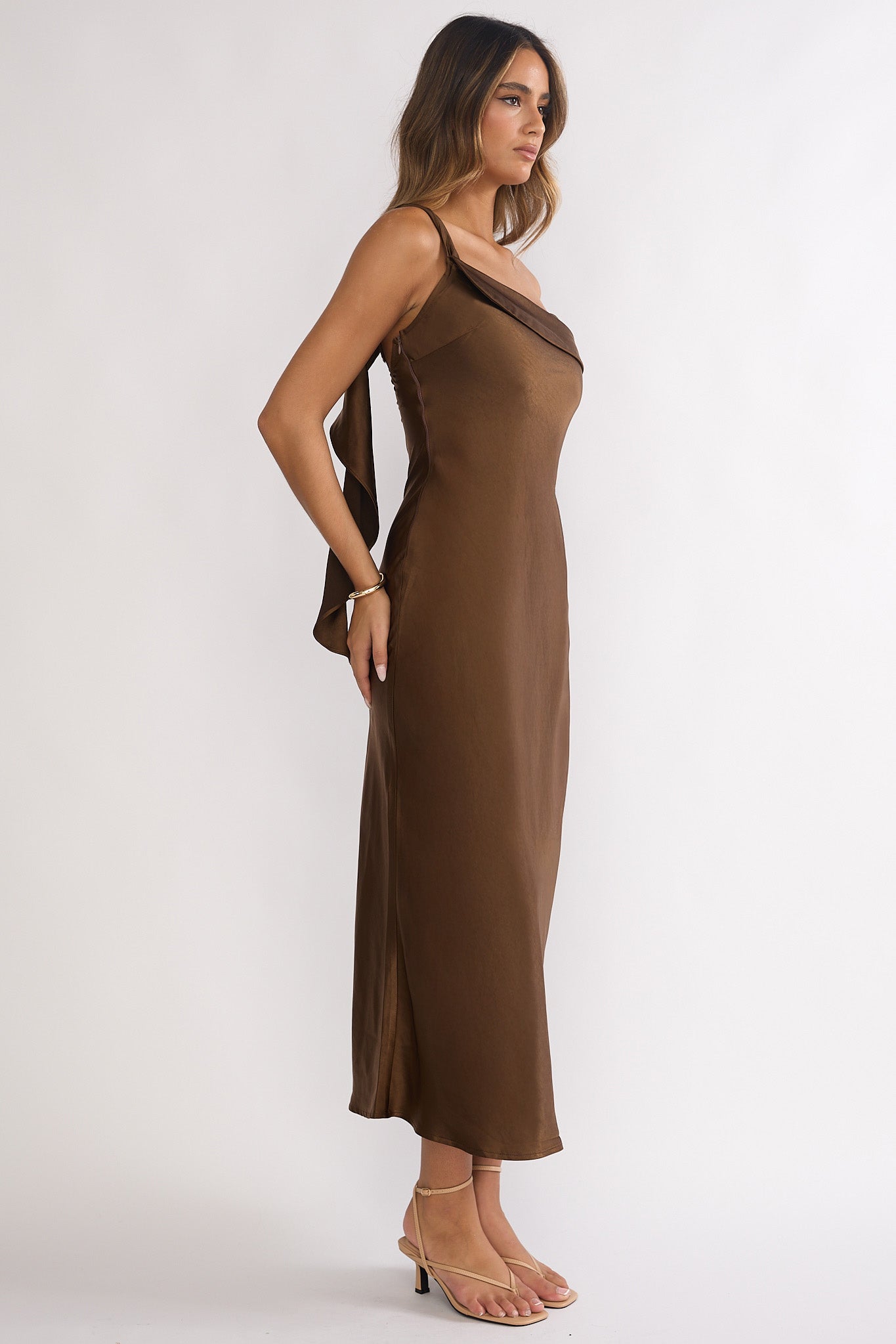 Carmel One-Shoulder Sash Maxi Dress Chocolate-Maymioy