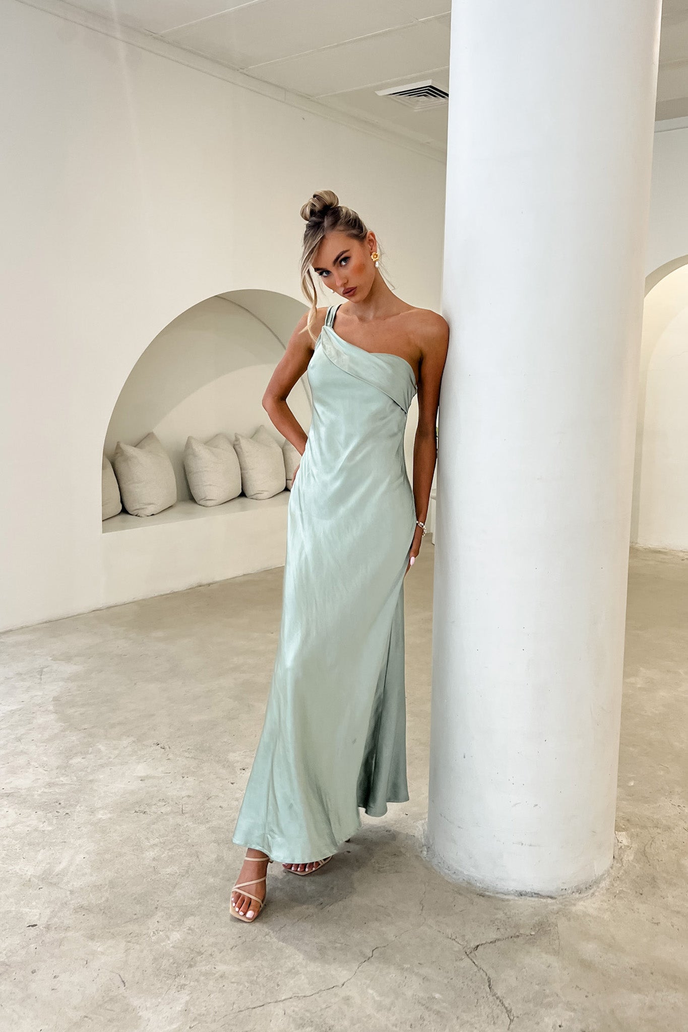 Carmel One-Shoulder Sash Maxi Dress Sage-Maymioy