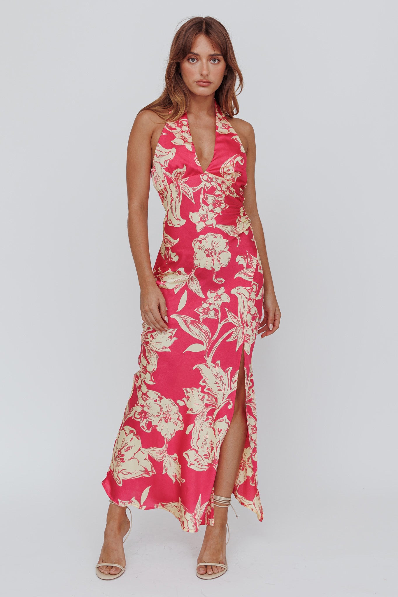 Brighter Days Halterneck Split Midi Dress Fuchsia-Maymioy
