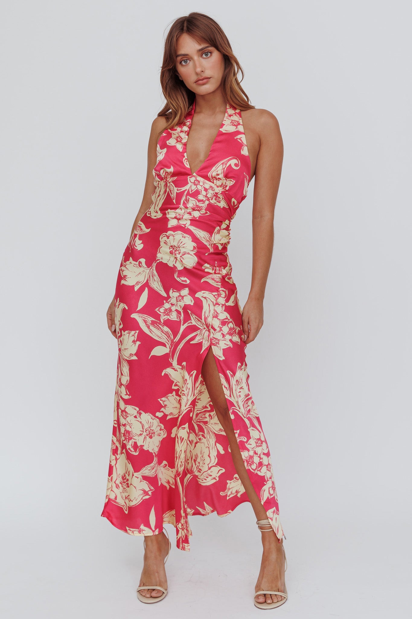 Brighter Days Halterneck Split Midi Dress Fuchsia-Maymioy