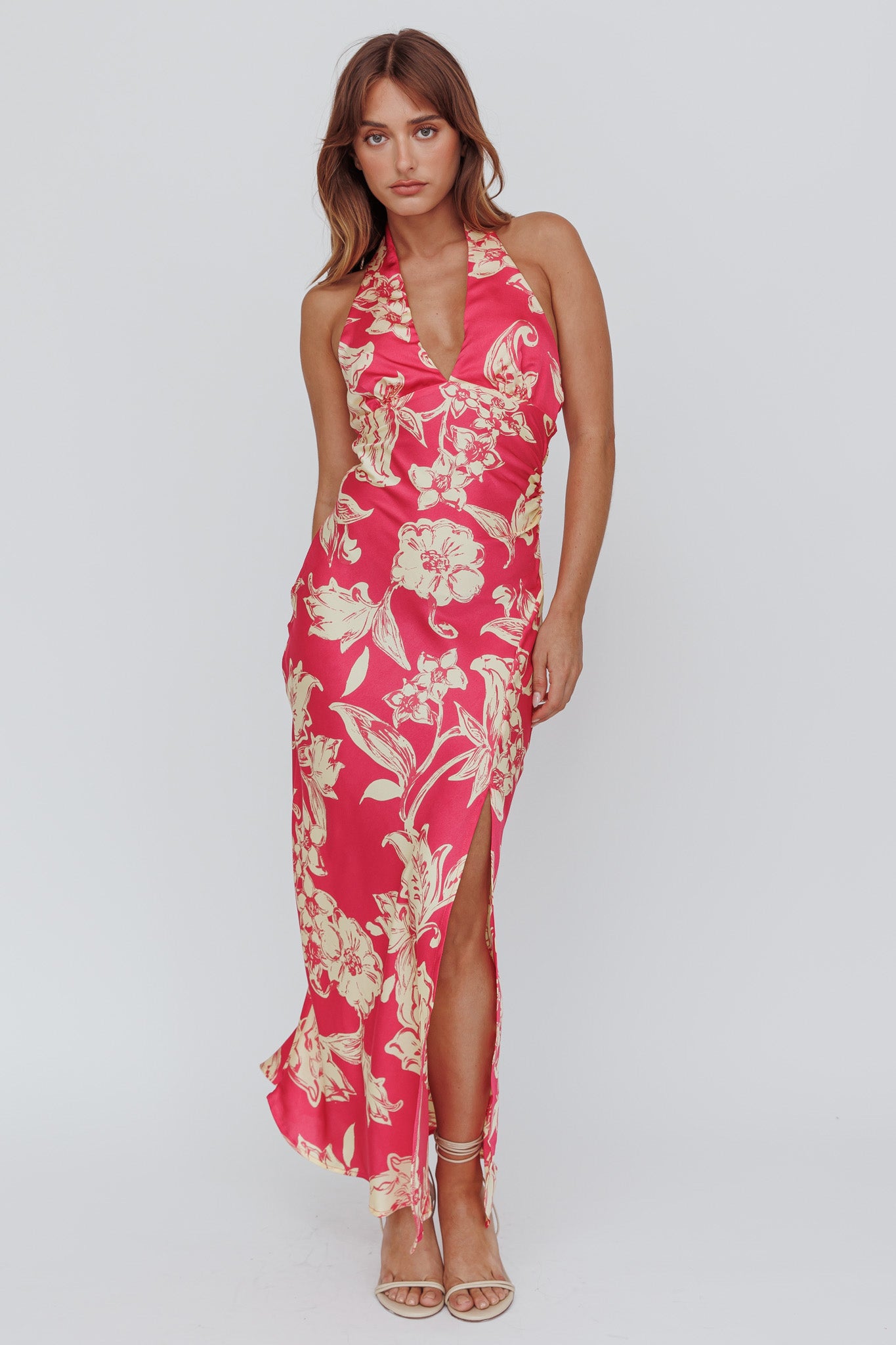 Brighter Days Halterneck Split Midi Dress Fuchsia-Maymioy
