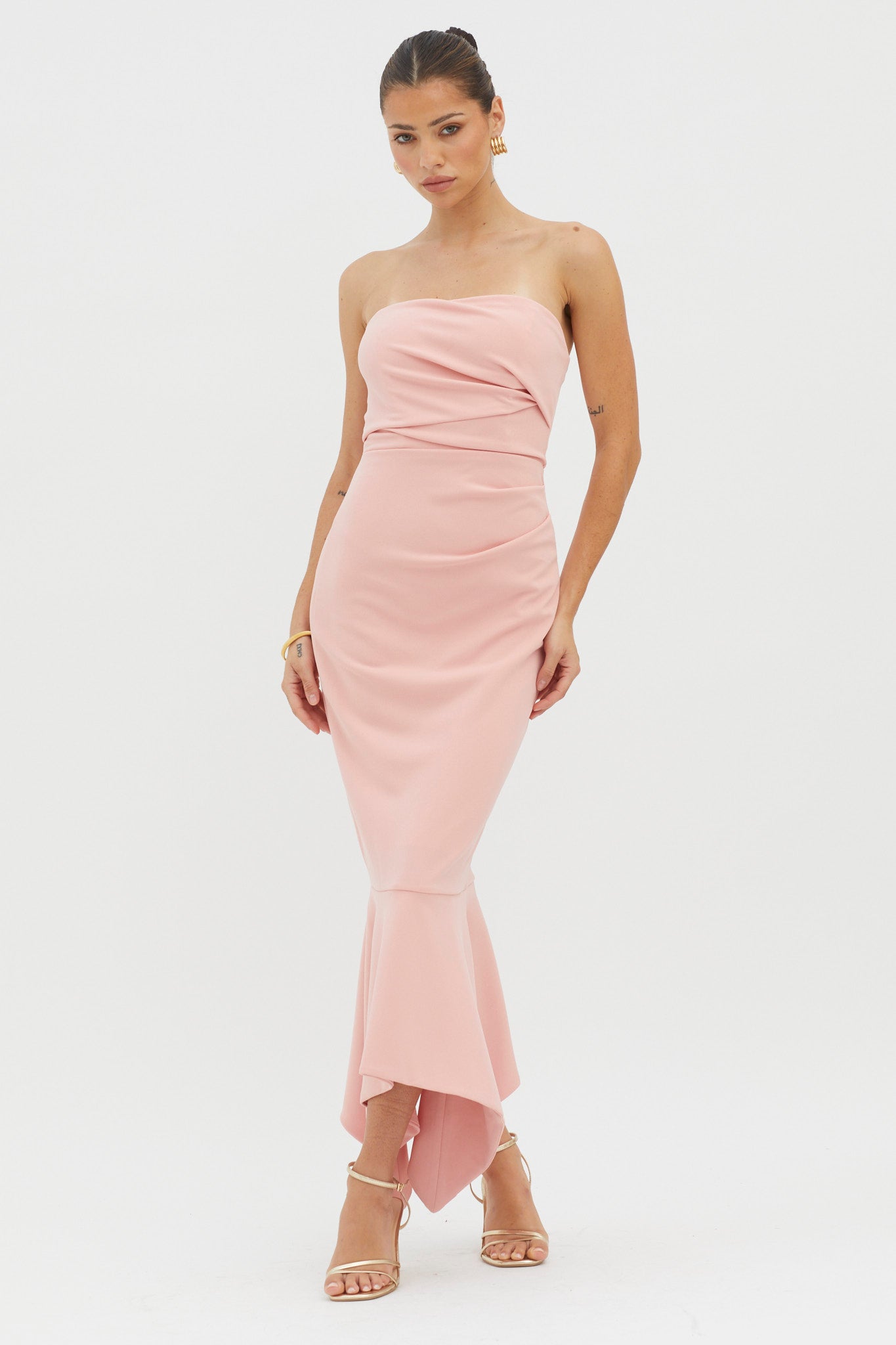 Sharona Strapless Gathered Midi Dress Blush-Maymioy