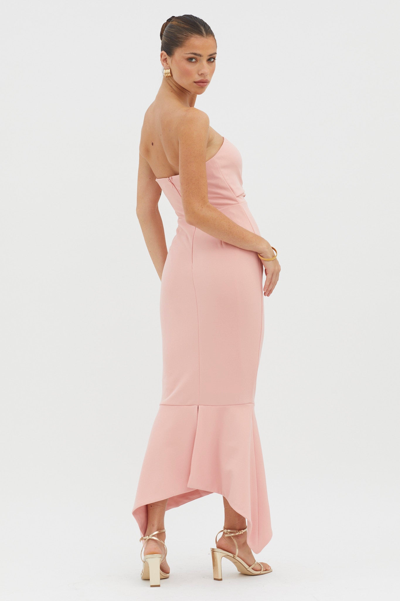 Sharona Strapless Gathered Midi Dress Blush-Maymioy