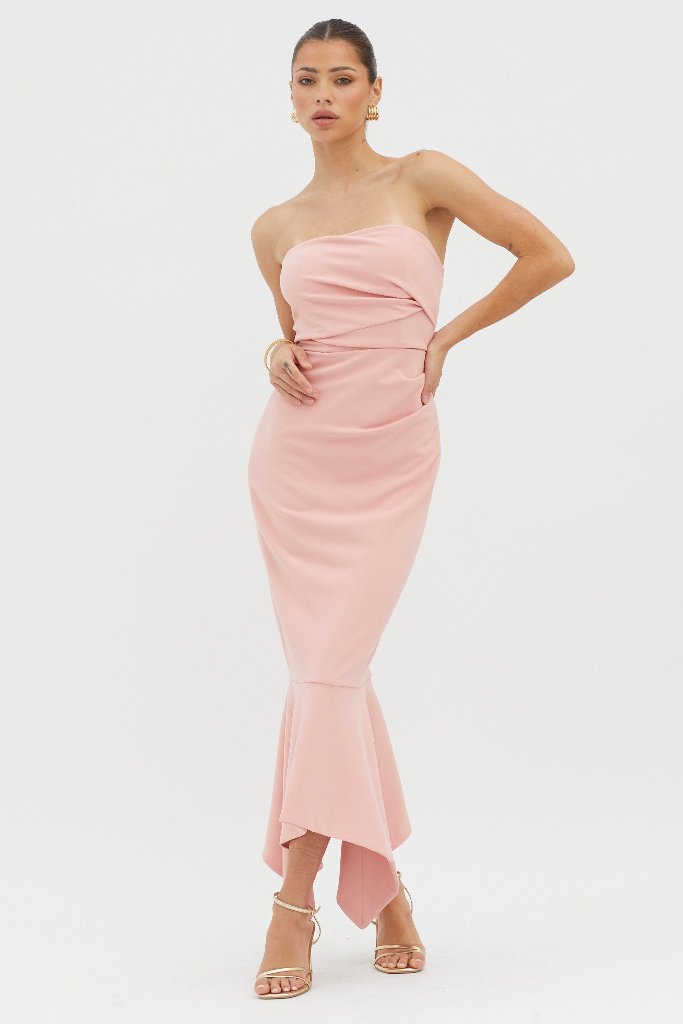 Sharona Strapless Gathered Midi Dress Blush-Maymioy