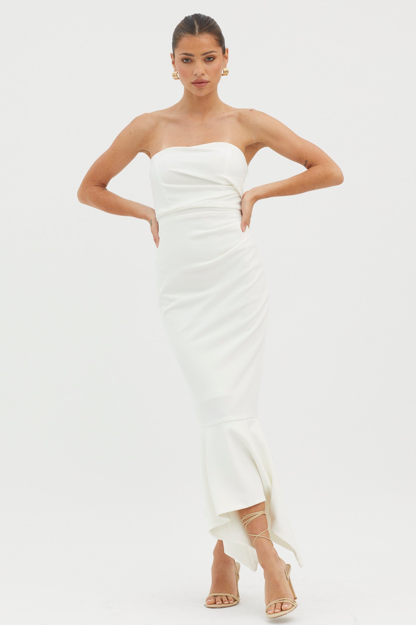 Sharona Strapless Gathered Midi Dress White-Maymioy