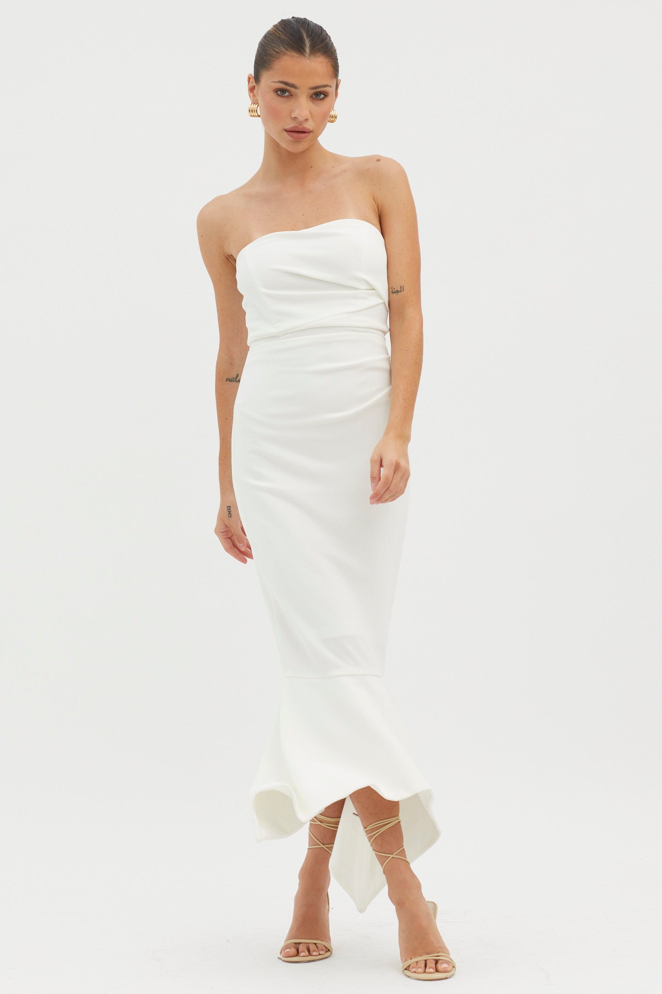 Sharona Strapless Gathered Midi Dress White-Maymioy