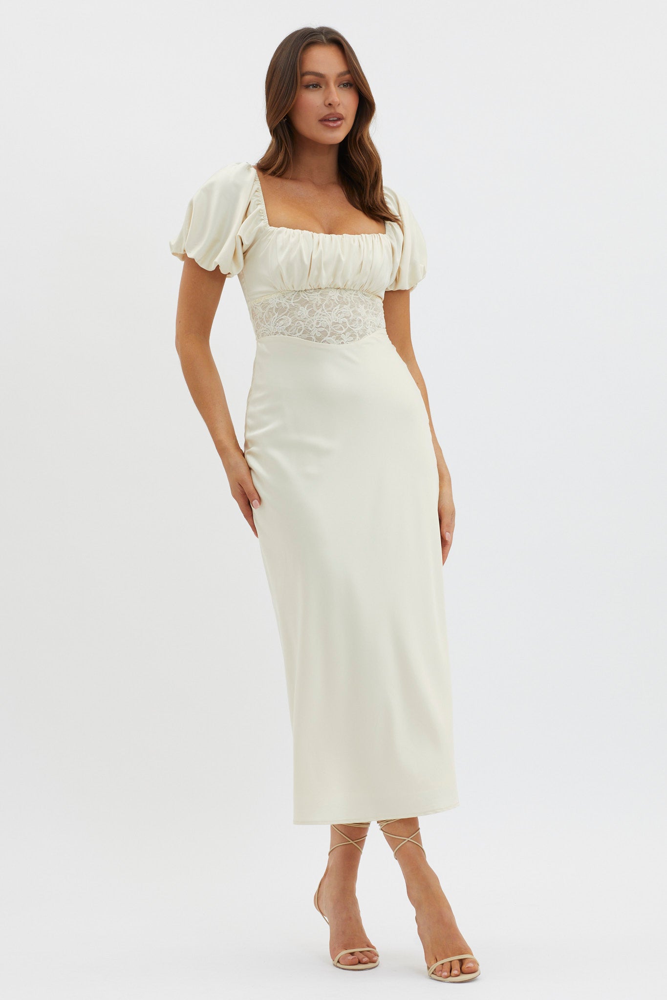 Allianna Puff Sleeve Lace Waist Midi Dress Butter-Maymioy