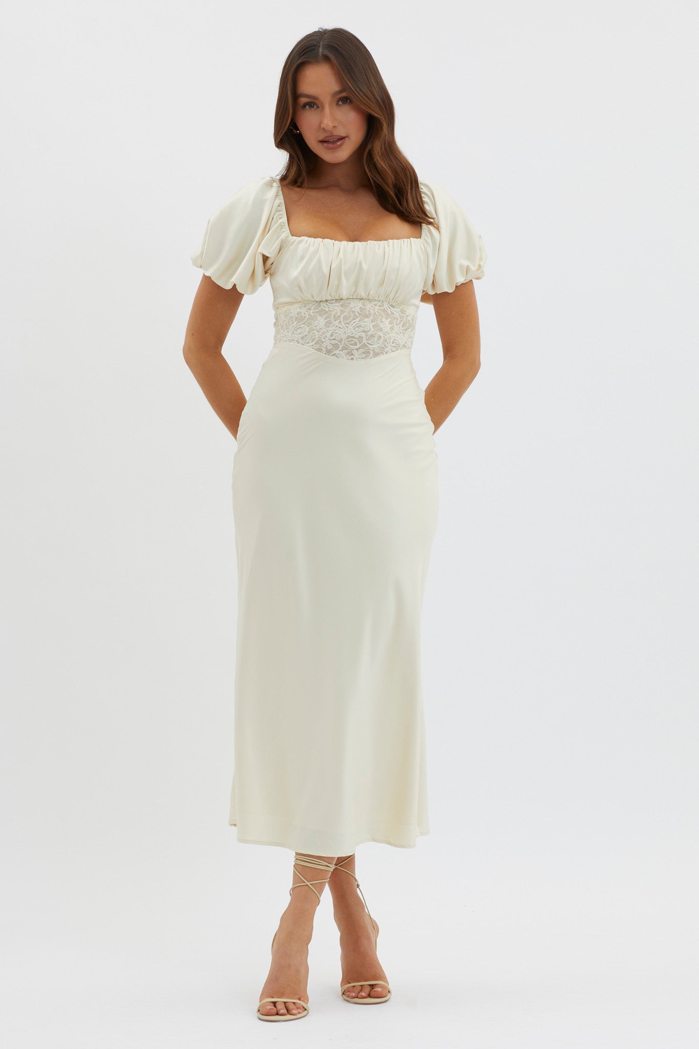 Allianna Puff Sleeve Lace Waist Midi Dress Butter-Maymioy