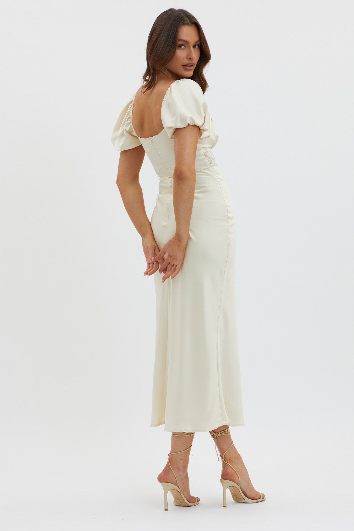 Allianna Puff Sleeve Lace Waist Midi Dress Butter-Maymioy