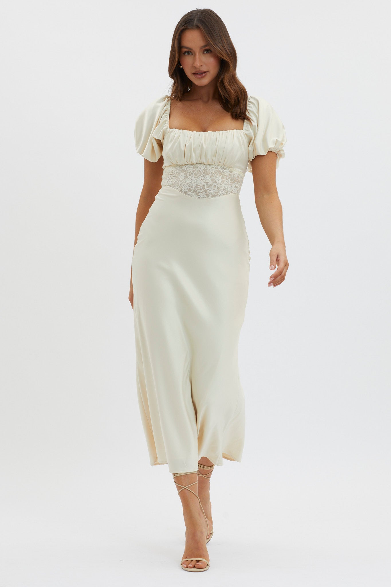 Allianna Puff Sleeve Lace Waist Midi Dress Butter-Maymioy