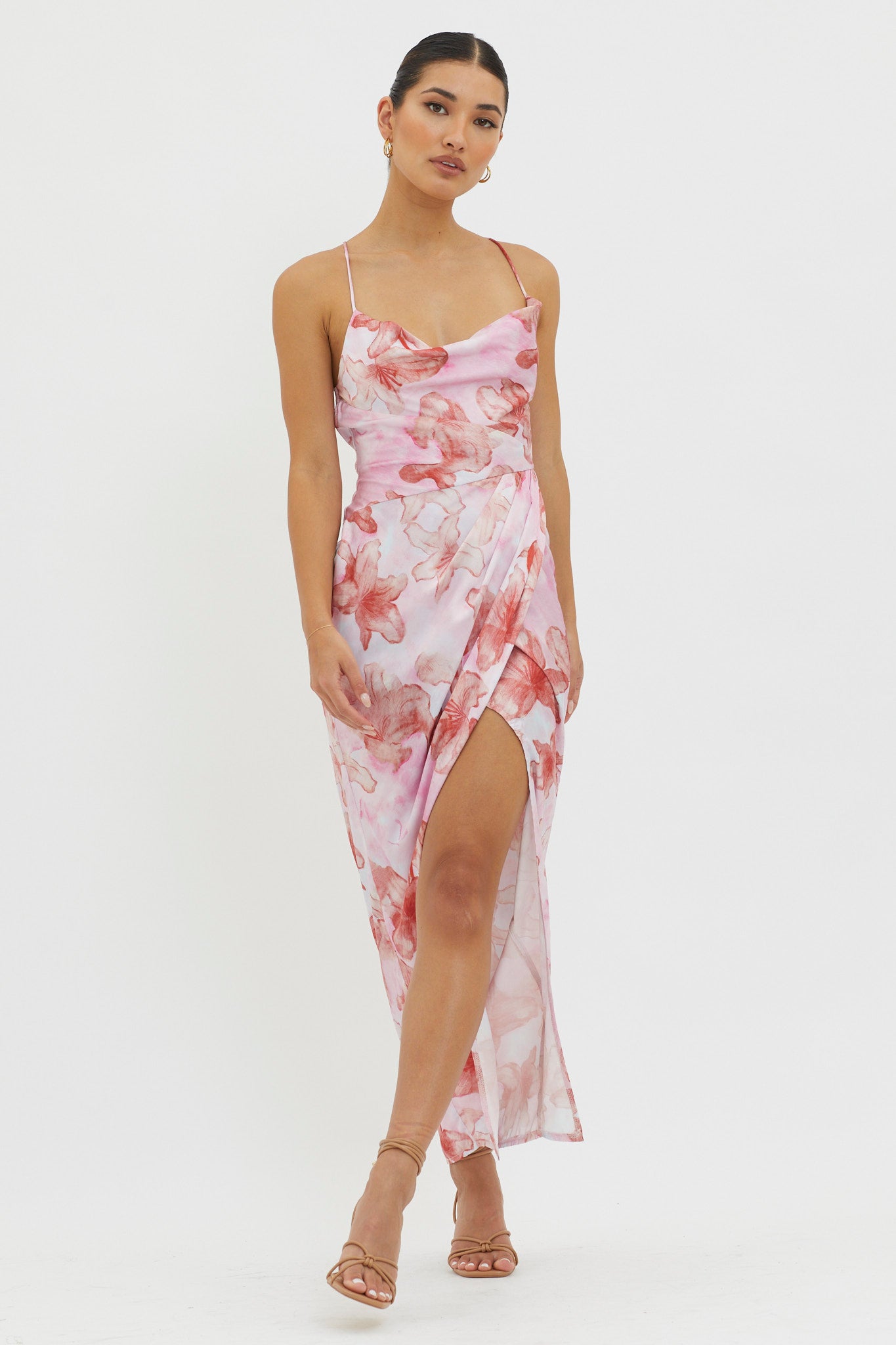 Erryn Tied Back Split Midi Dress Pink-Maymioy