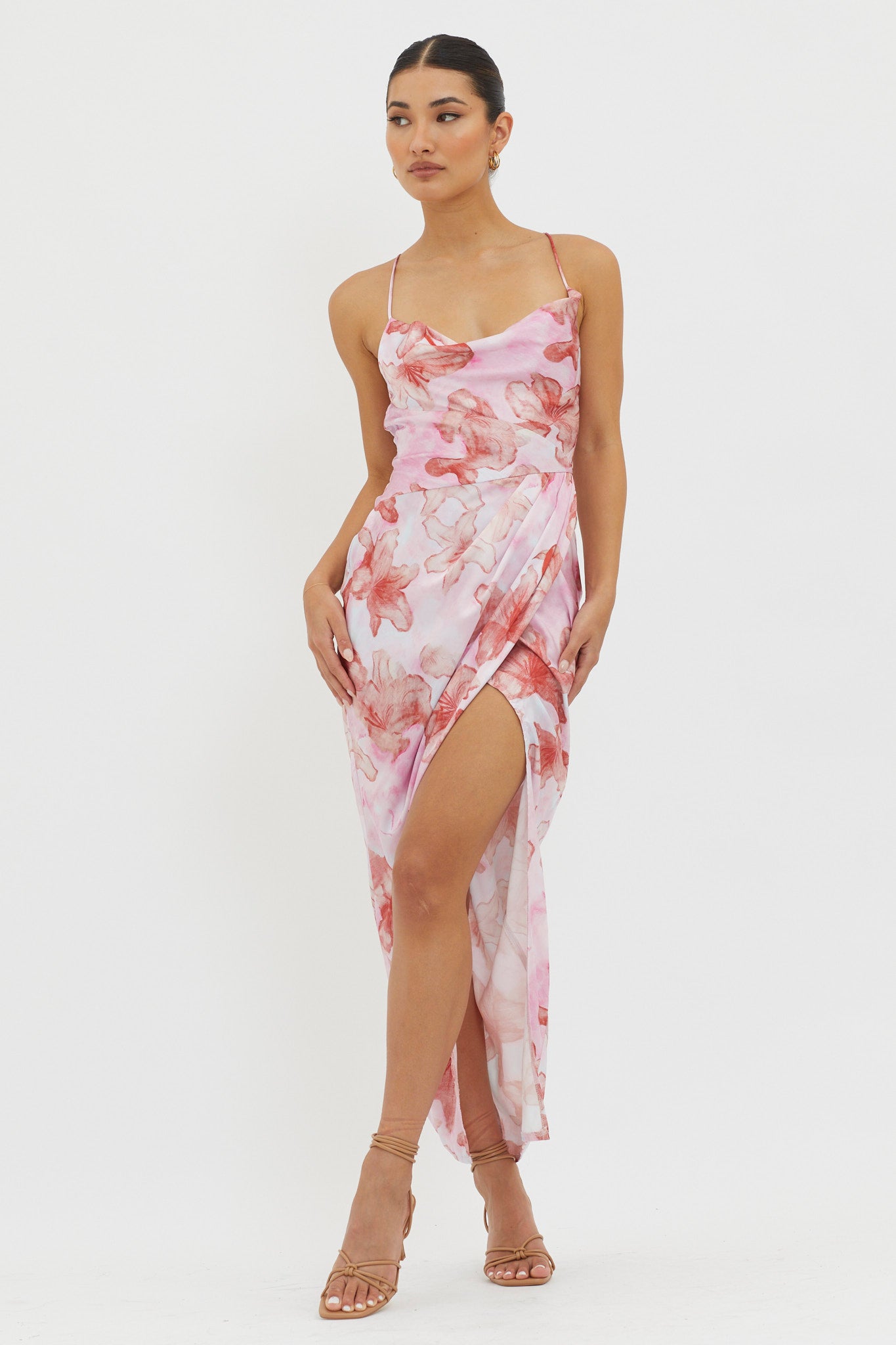 Erryn Tied Back Split Midi Dress Pink-Maymioy