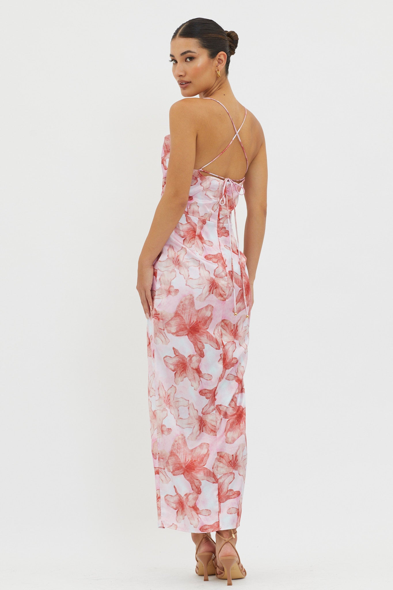 Erryn Tied Back Split Midi Dress Pink-Maymioy