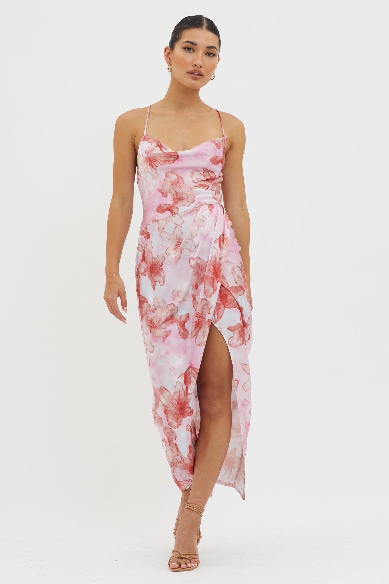 Erryn Tied Back Split Midi Dress Pink-Maymioy