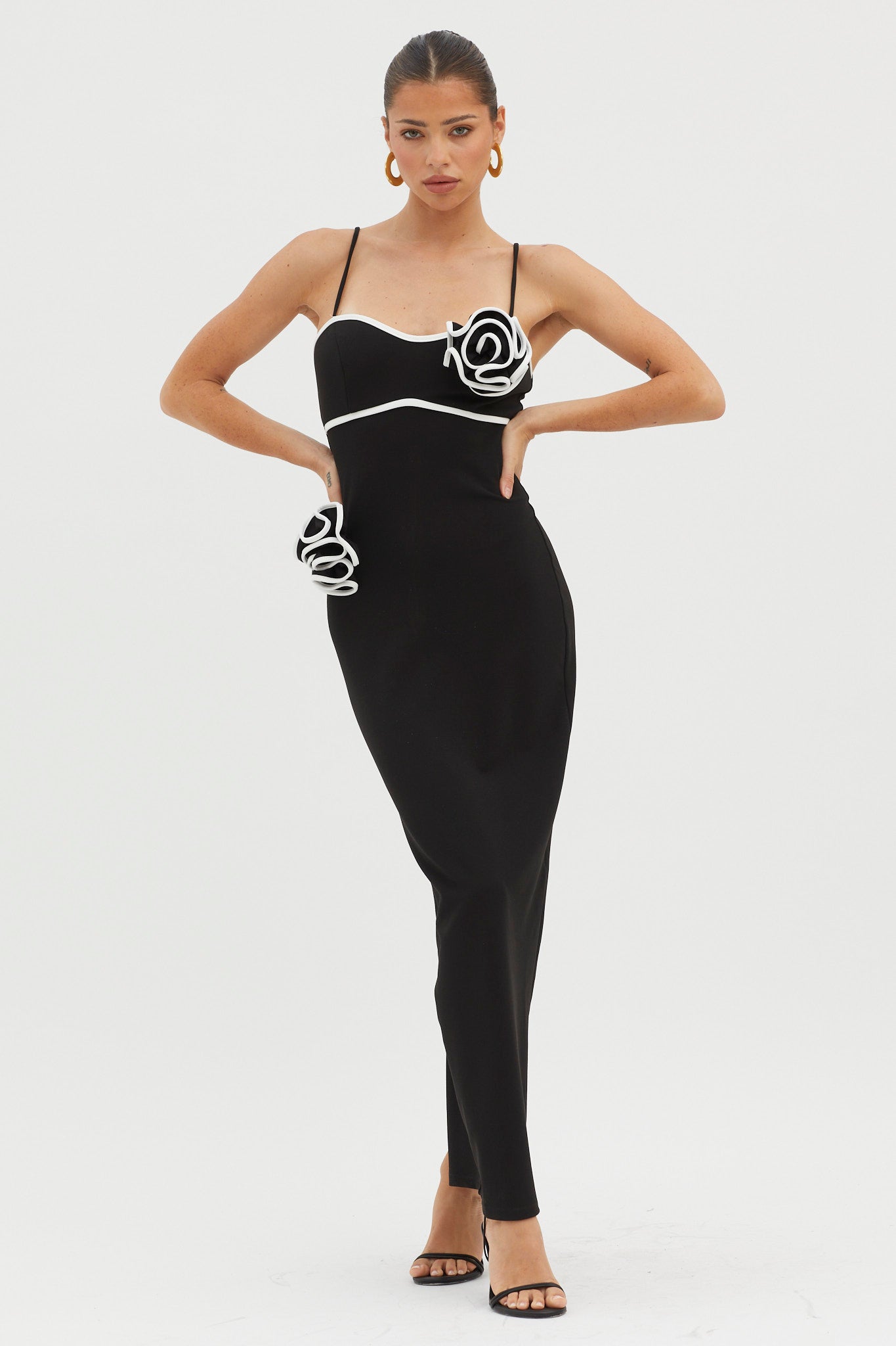 Griselda Flower Decoration Maxi Dress Black-Maymioy