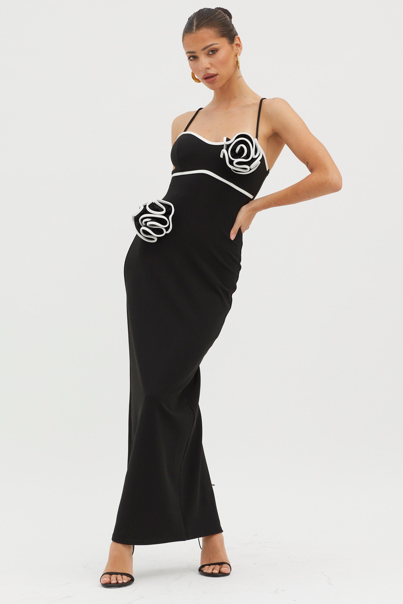 Griselda Flower Decoration Maxi Dress Black-Maymioy
