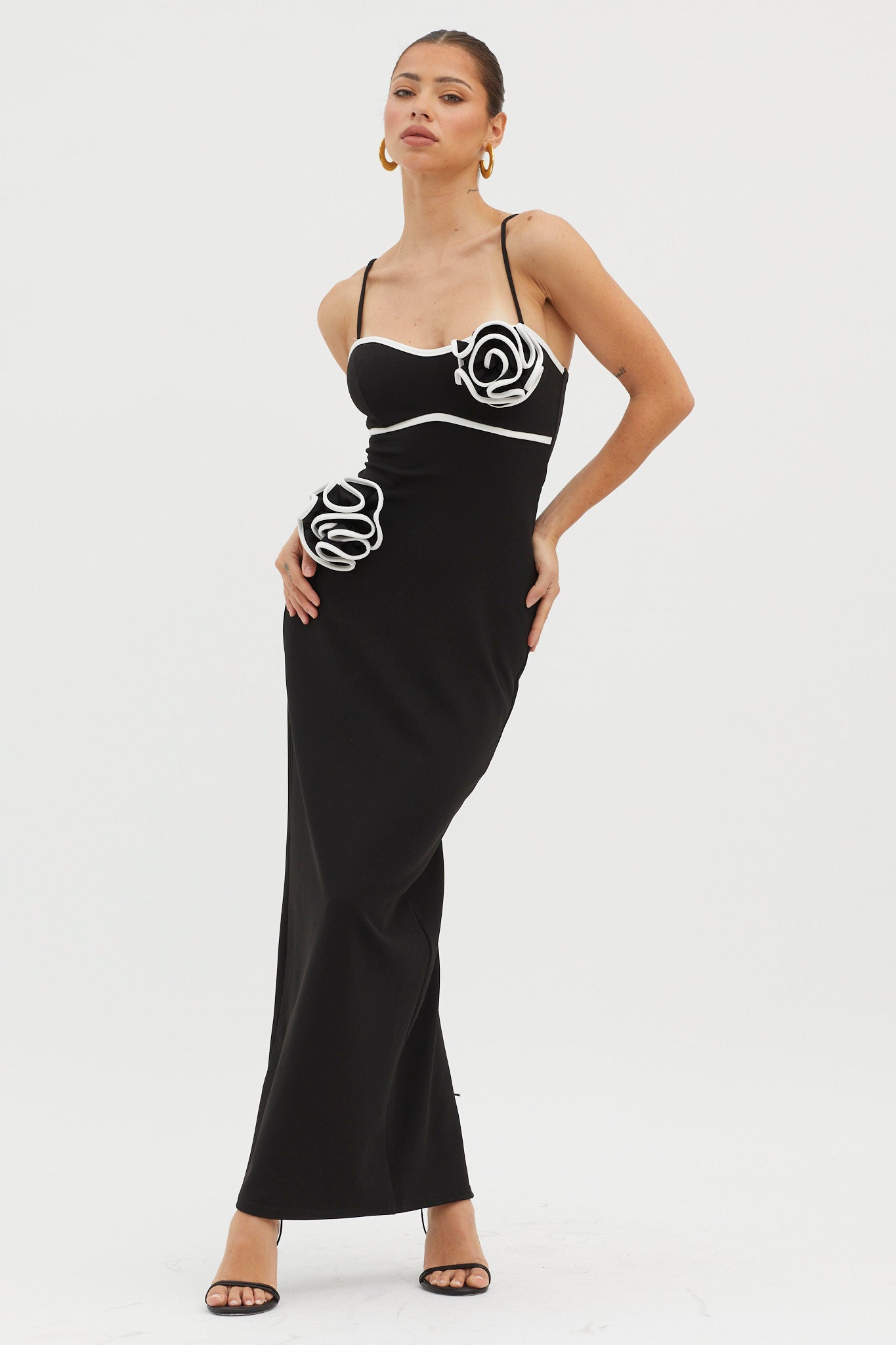 Griselda Flower Decoration Maxi Dress Black-Maymioy