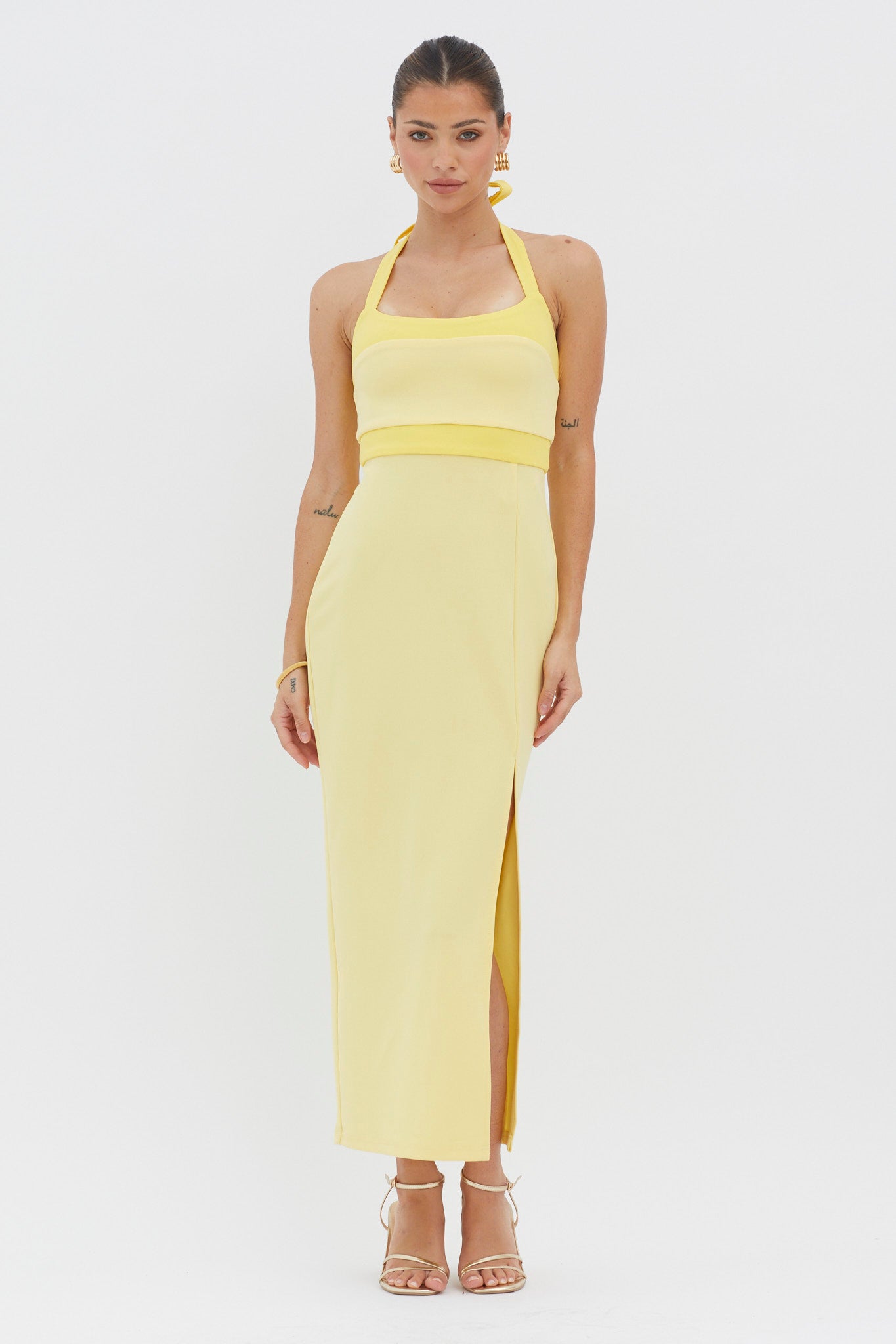 Canary Islands Halterneck Midi Dress Yellow-Maymioy