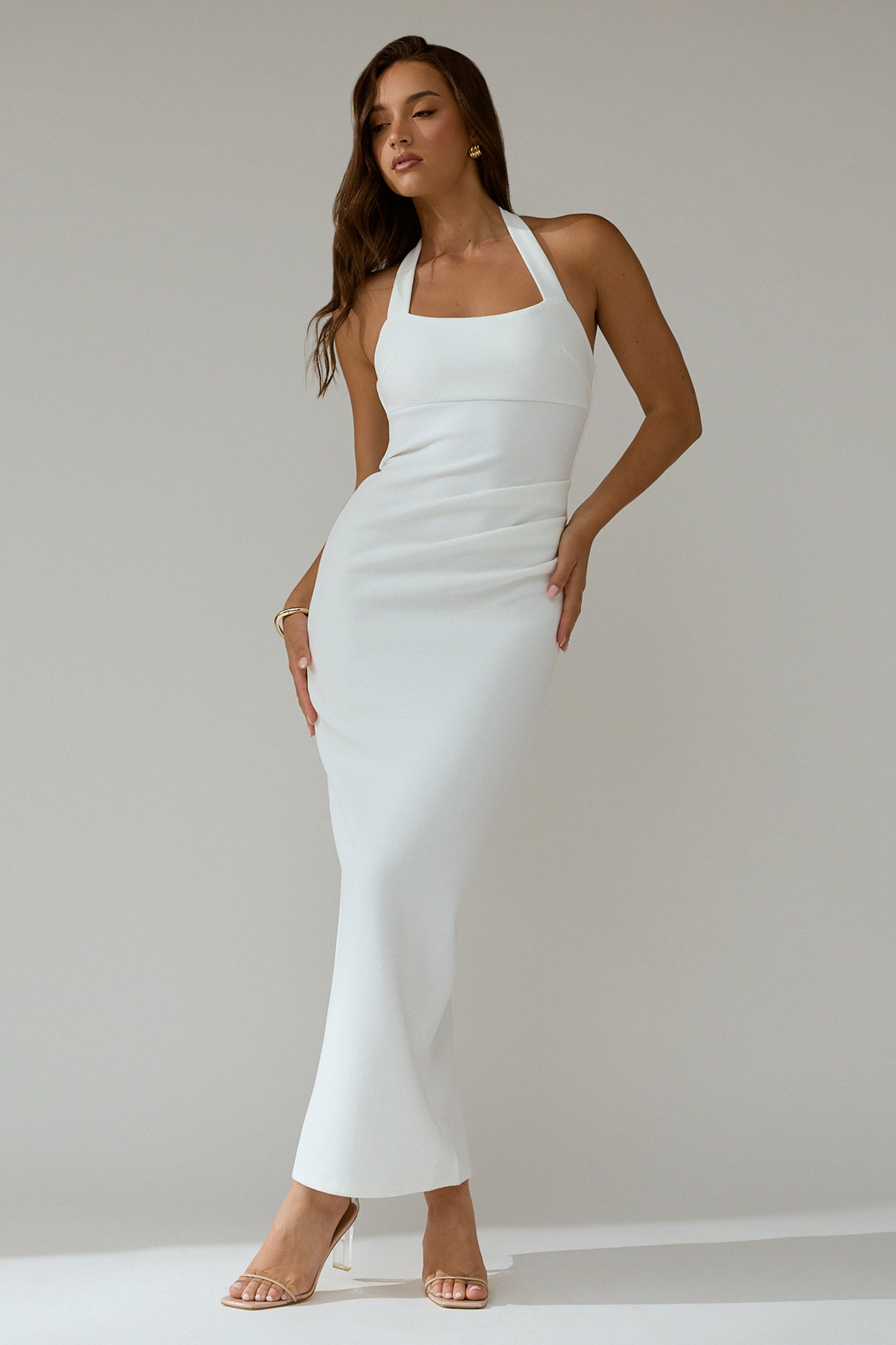 Fire Of Stars Halterneck Bodycon Maxi Dress White-Maymioy