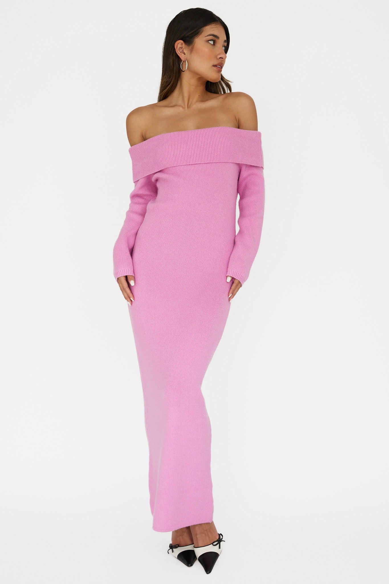 Winter Wonder Off-Shoulder Knit Maxi Dress Pink-Maymioy