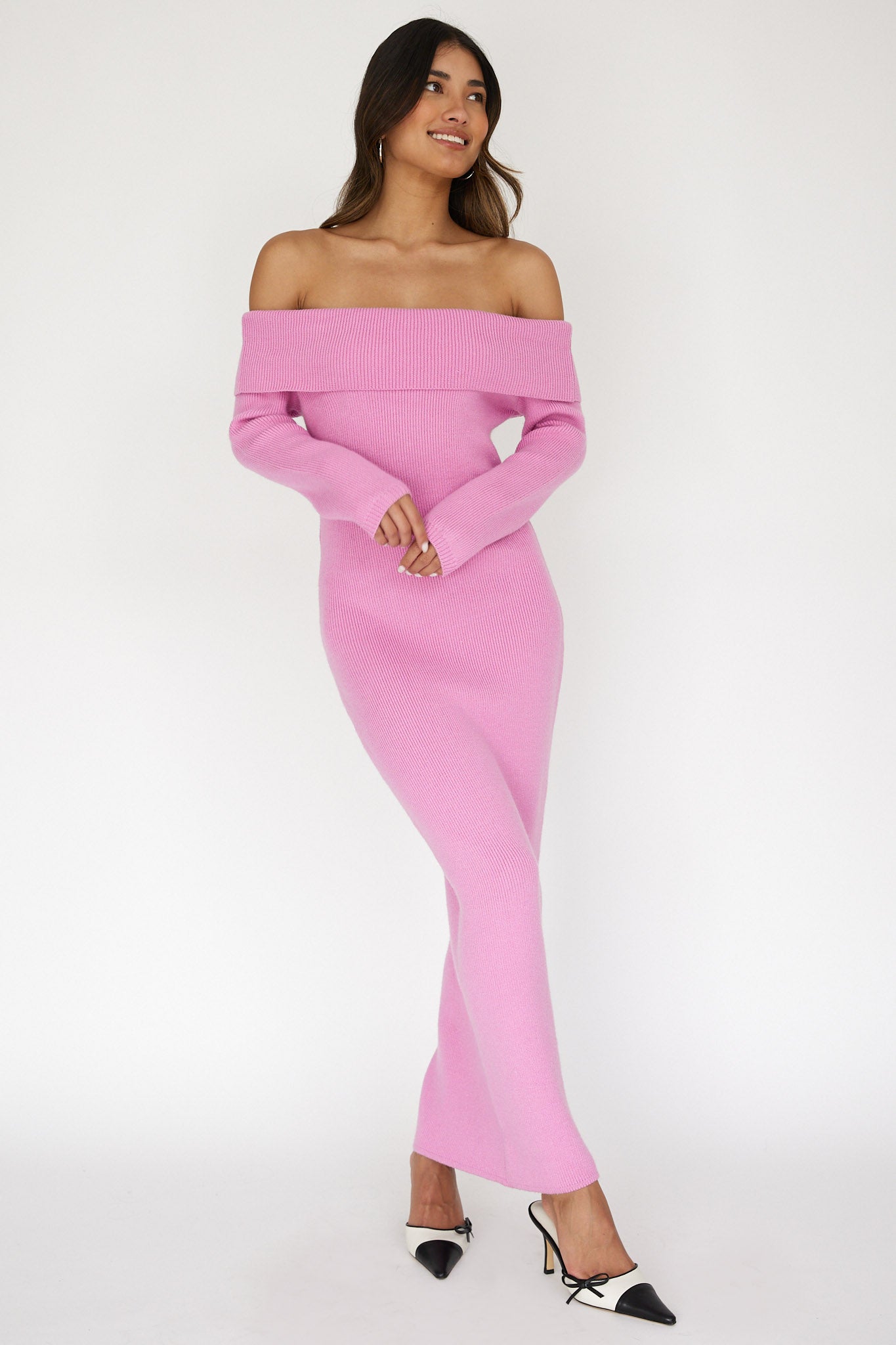 Winter Wonder Off-Shoulder Knit Maxi Dress Pink-Maymioy