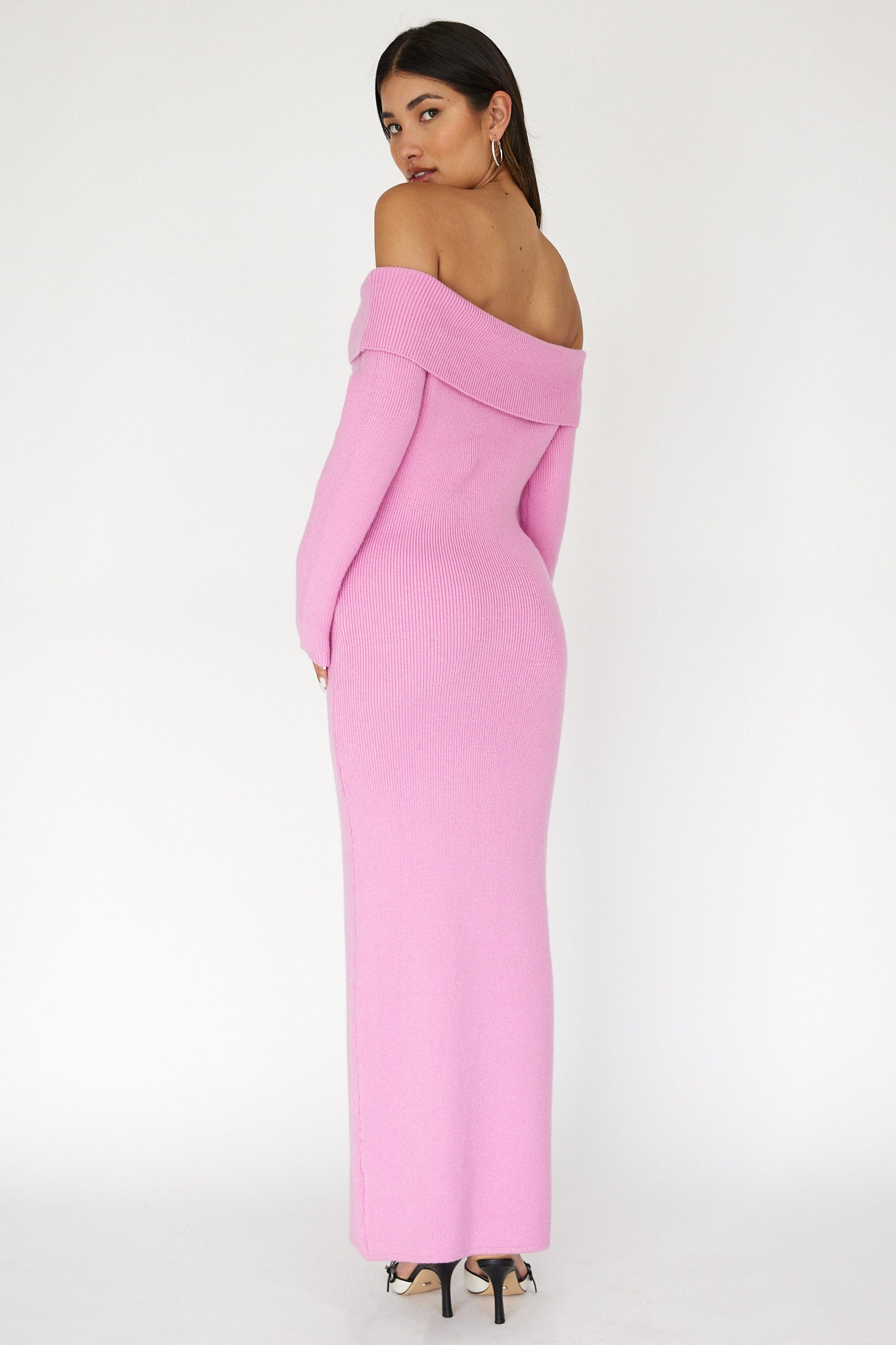 Winter Wonder Off-Shoulder Knit Maxi Dress Pink-Maymioy