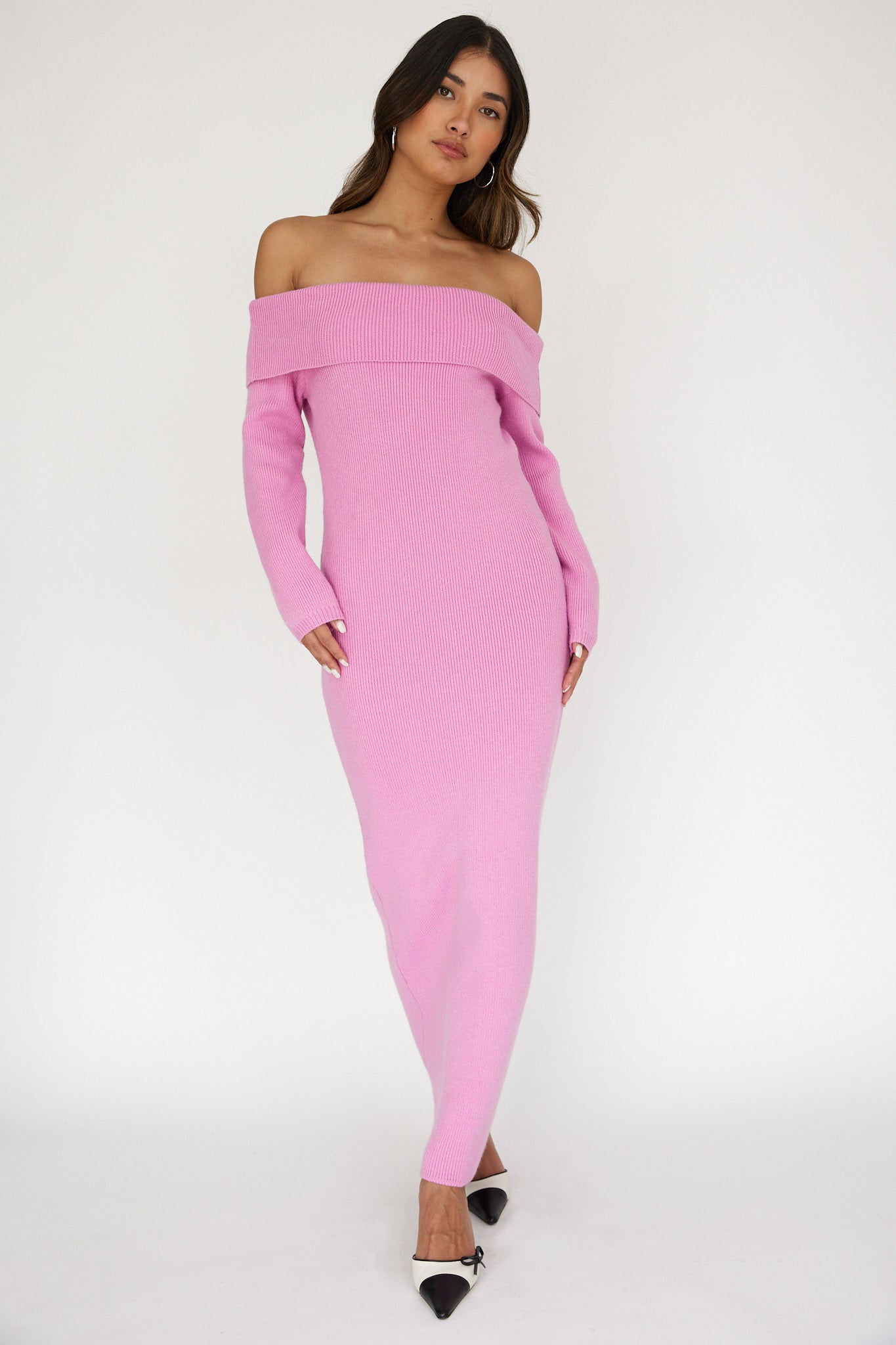 Winter Wonder Off-Shoulder Knit Maxi Dress Pink-Maymioy
