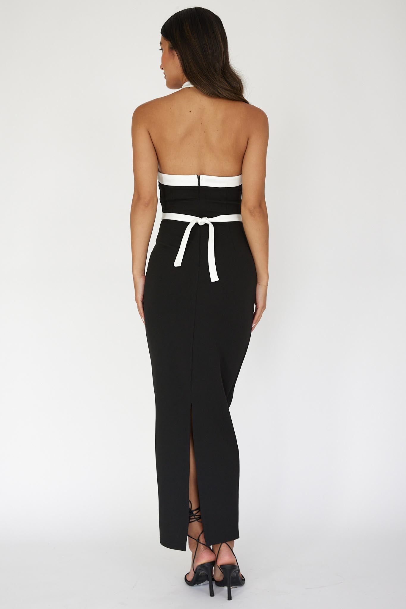 Eleganza Halterneck Contrast Maxi Dress Black-Maymioy