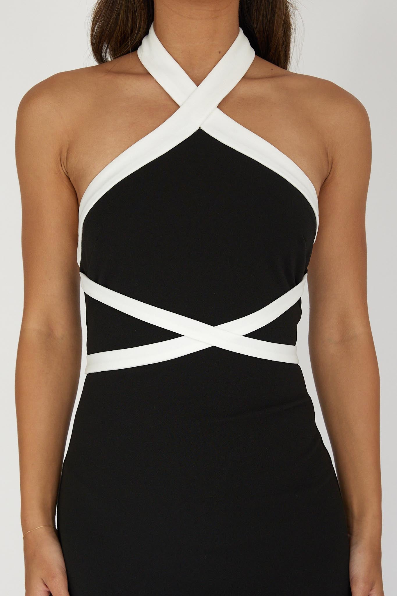 Eleganza Halterneck Contrast Maxi Dress Black-Maymioy