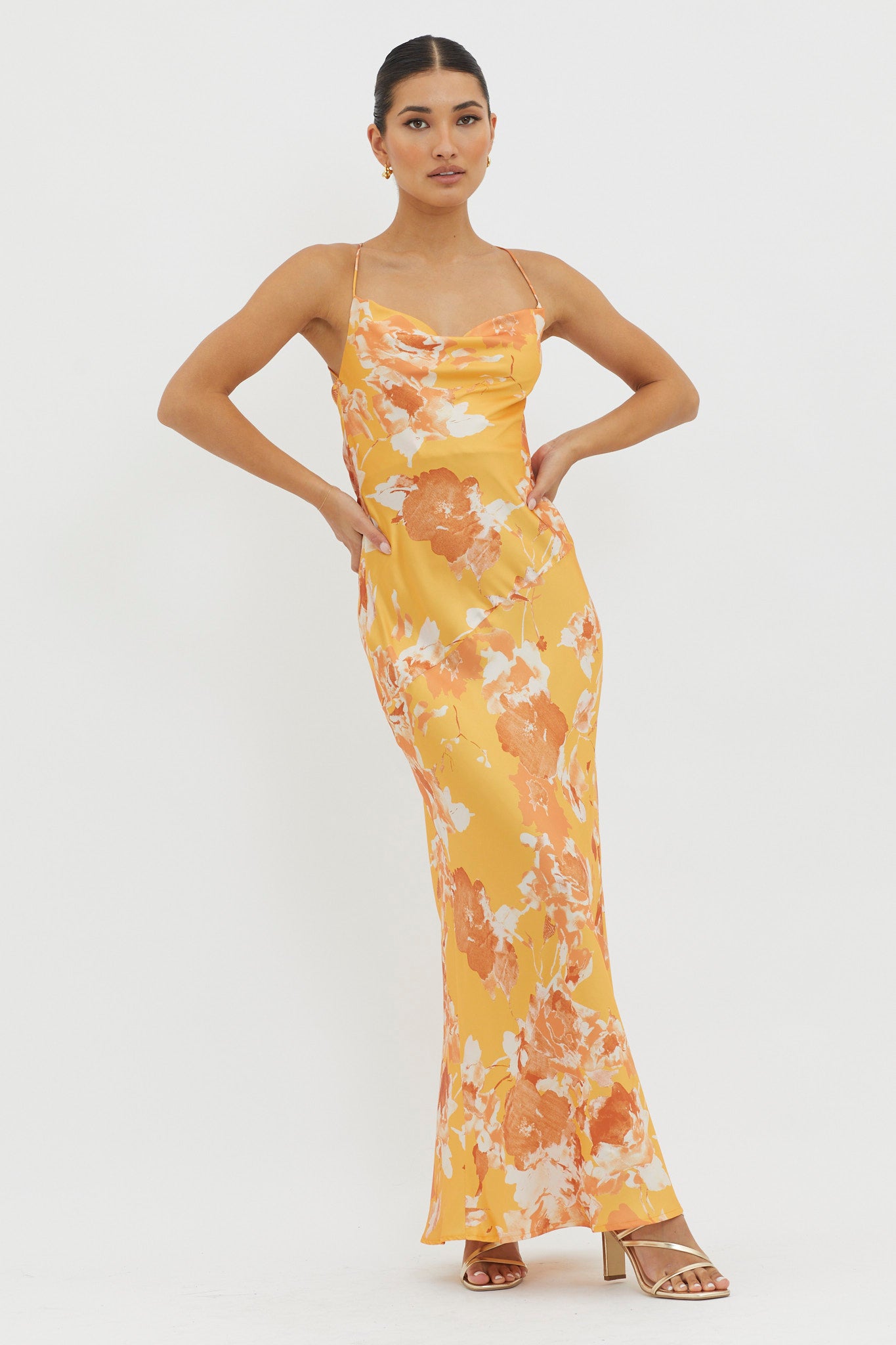 Dream Walk Cowl Back Tied Dress Print Orange-Maymioy