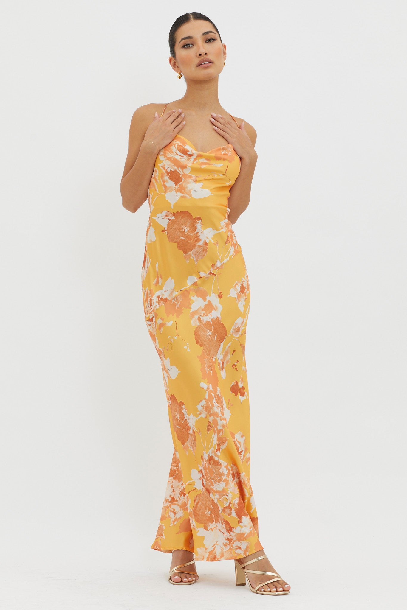 Dream Walk Cowl Back Tied Dress Print Orange-Maymioy
