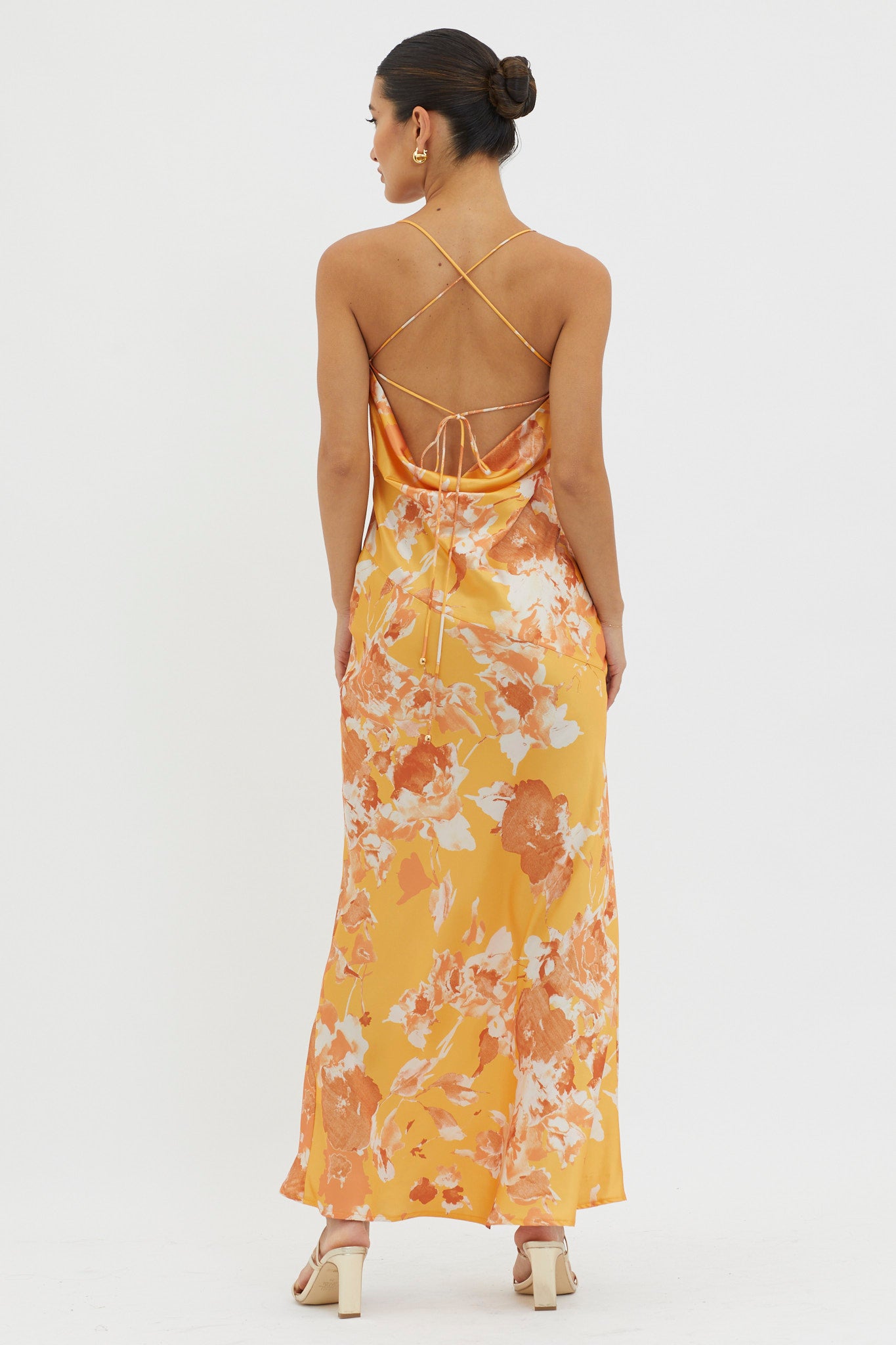 Dream Walk Cowl Back Tied Dress Print Orange-Maymioy
