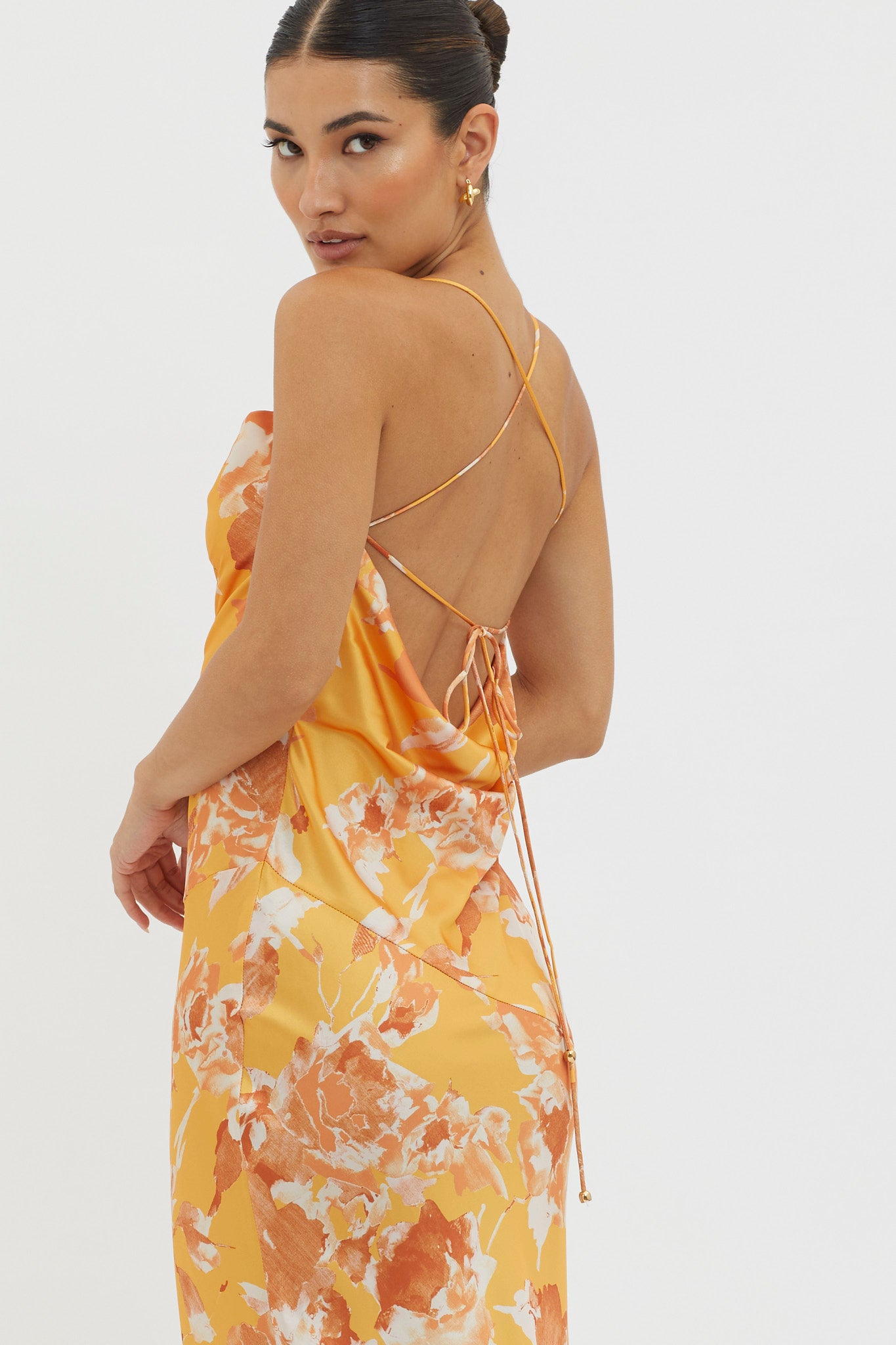 Dream Walk Cowl Back Tied Dress Print Orange-Maymioy