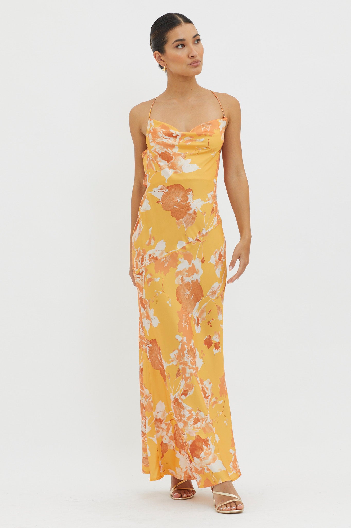 Dream Walk Cowl Back Tied Dress Print Orange-Maymioy