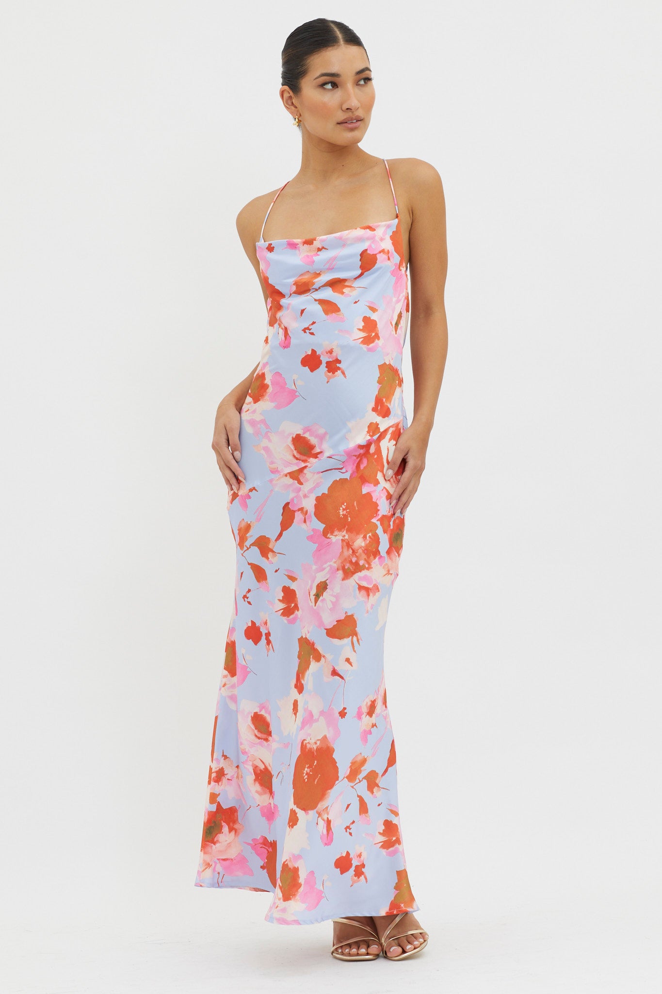 Dream Walk Cowl Back Tied Dress Print Pink-Maymioy