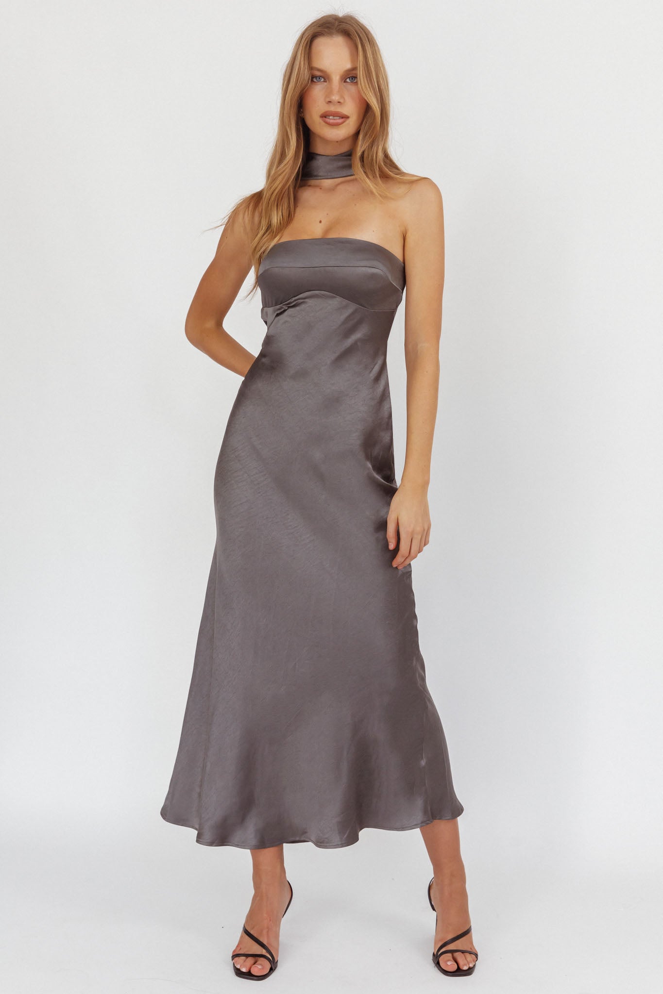 Damsel Reverse Halter Maxi Dress Satin Charcoal-Maymioy